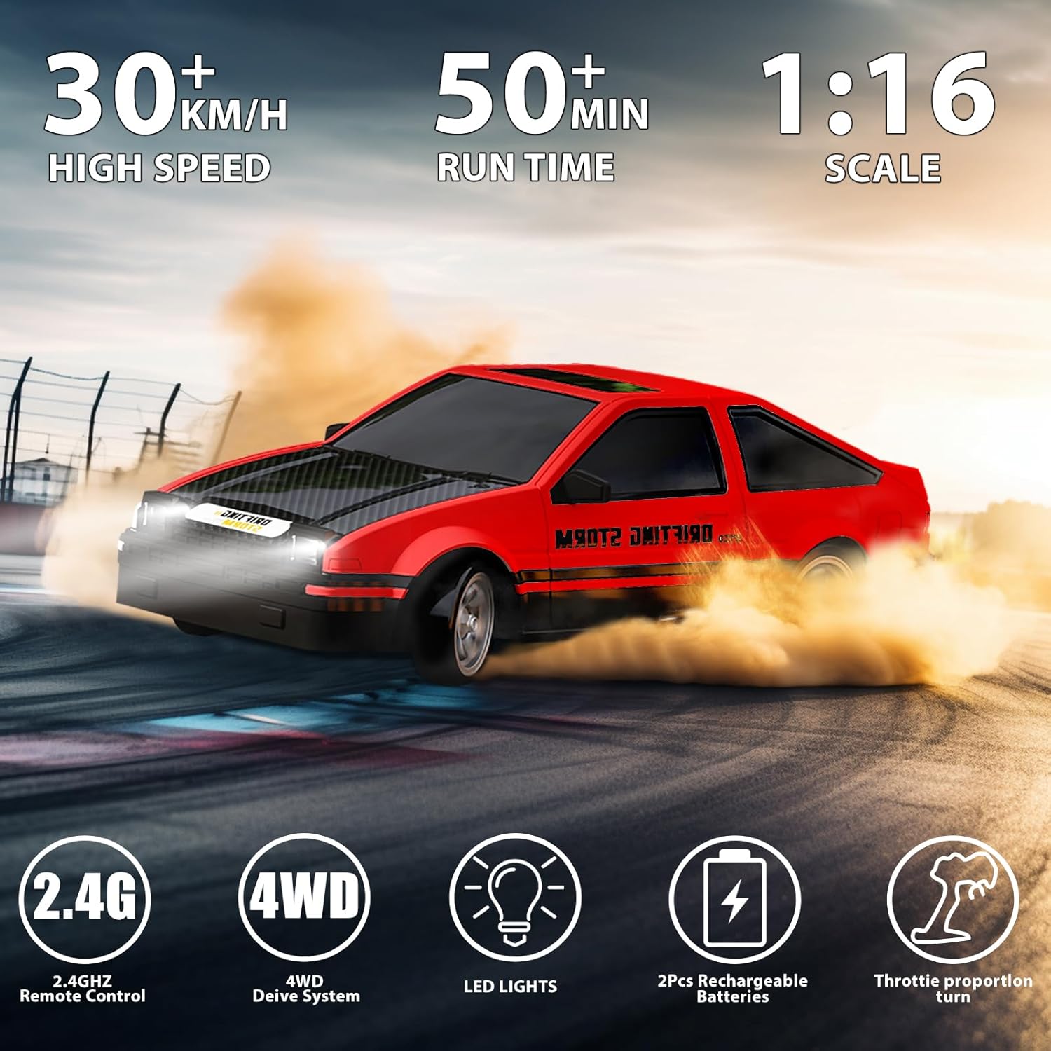 Remote Control Car RC Drift Car 1:16 Scale 4WD with LED Lights 2.4GHz 30km/h Hard Shell RTR High Speed Drift Racing Sport Toy Car for Adults Boys Girls Kids Gift 2Pcs Rechargeable Batteries