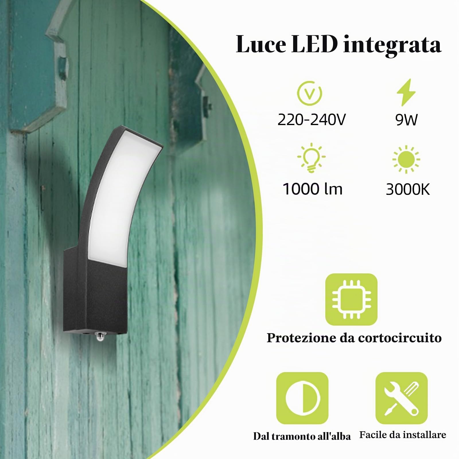 HLFVLITE Lampada Da Parete Esterna Con Sensore Crepuscolare, Ip54 9w Lampada Da Parete Per Interni Ed Esterni Per Patio, Terrazza, Corridoio, Garage E Portico, 1000 Lm, 3000K Luce Bianca Calda