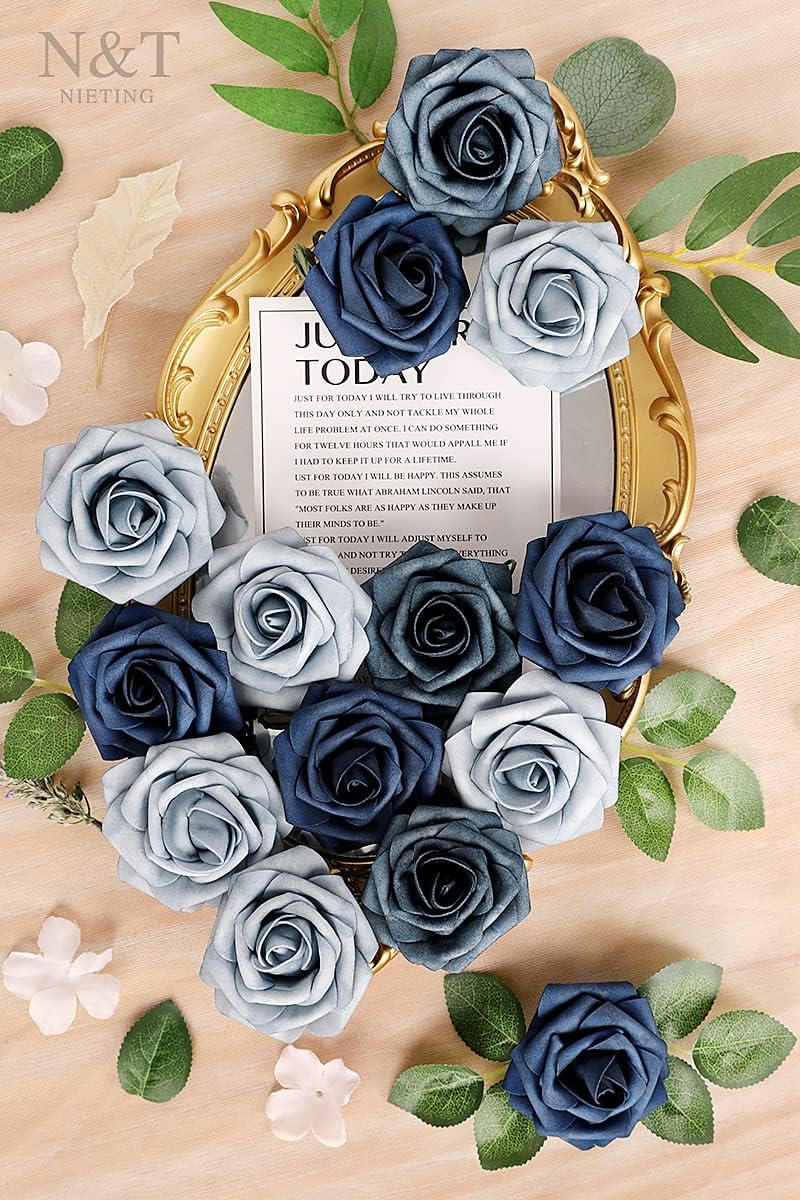 N&T NIETING Fake Roses,25pcs Artificial Flowers Dusty Blue Fake Roses Faux Flowers Fake Flowers for DIY Wedding Bouquets Centerpieces Floral Arrangements Home Decorations Shades of Navy Blue - Image 8