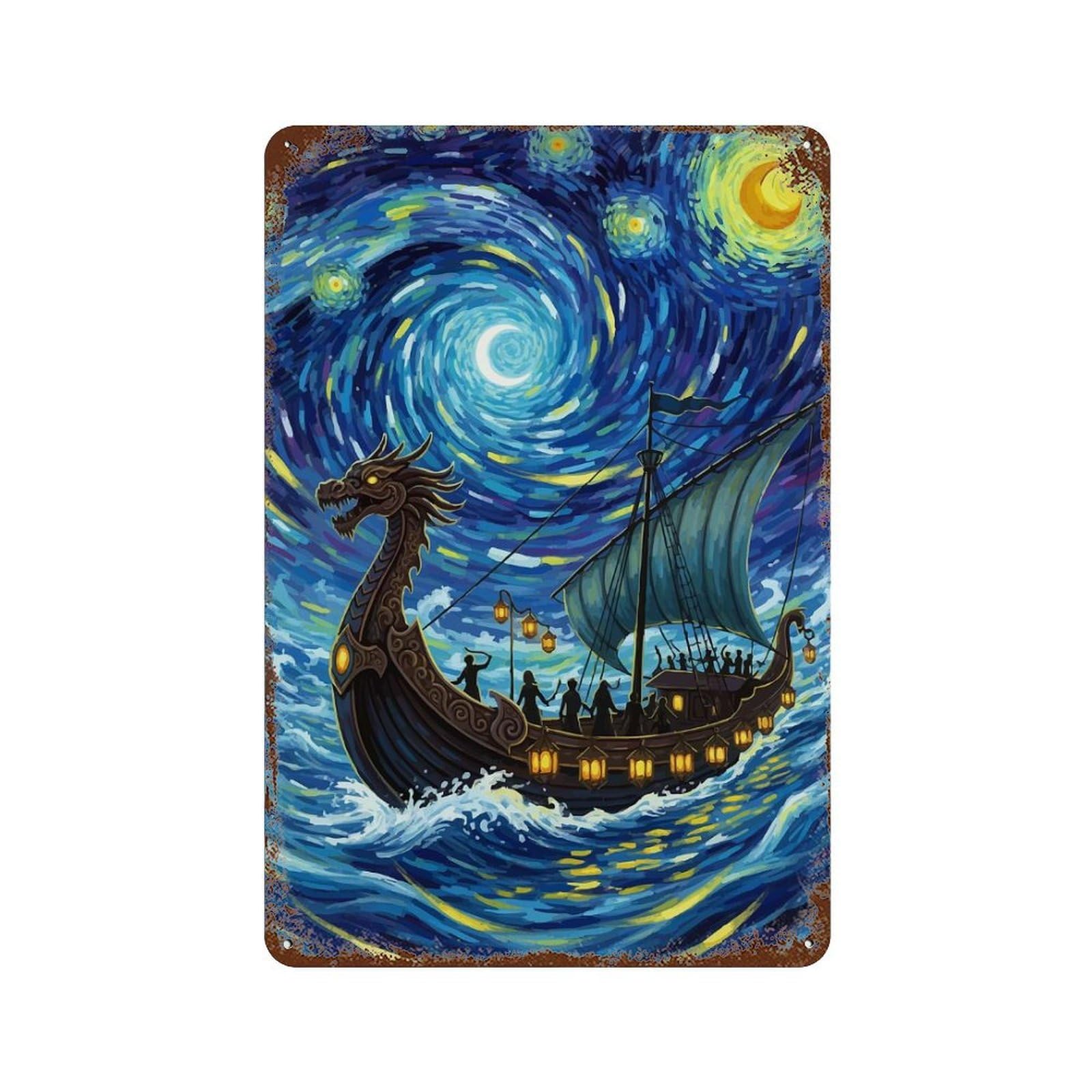 Rust Effect Dragon Ship Starry Night Aged Metal Wall Plaque 11.8"x7.9", Shabby Chic Decor for Living Room, Hallway And Home Decor