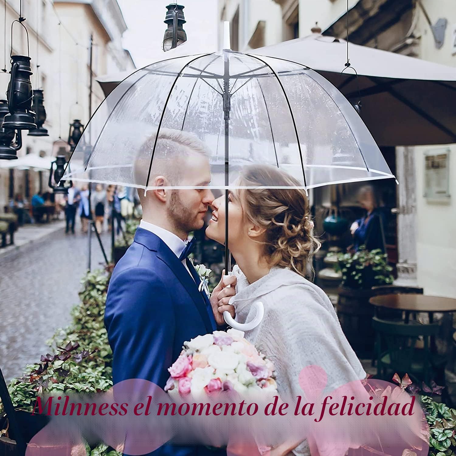 Paraguas transparente para la lluvia adulta, paraguas campana boda foto, graduación y eventos al aire libre - apertura automática, mango gancho cúpula