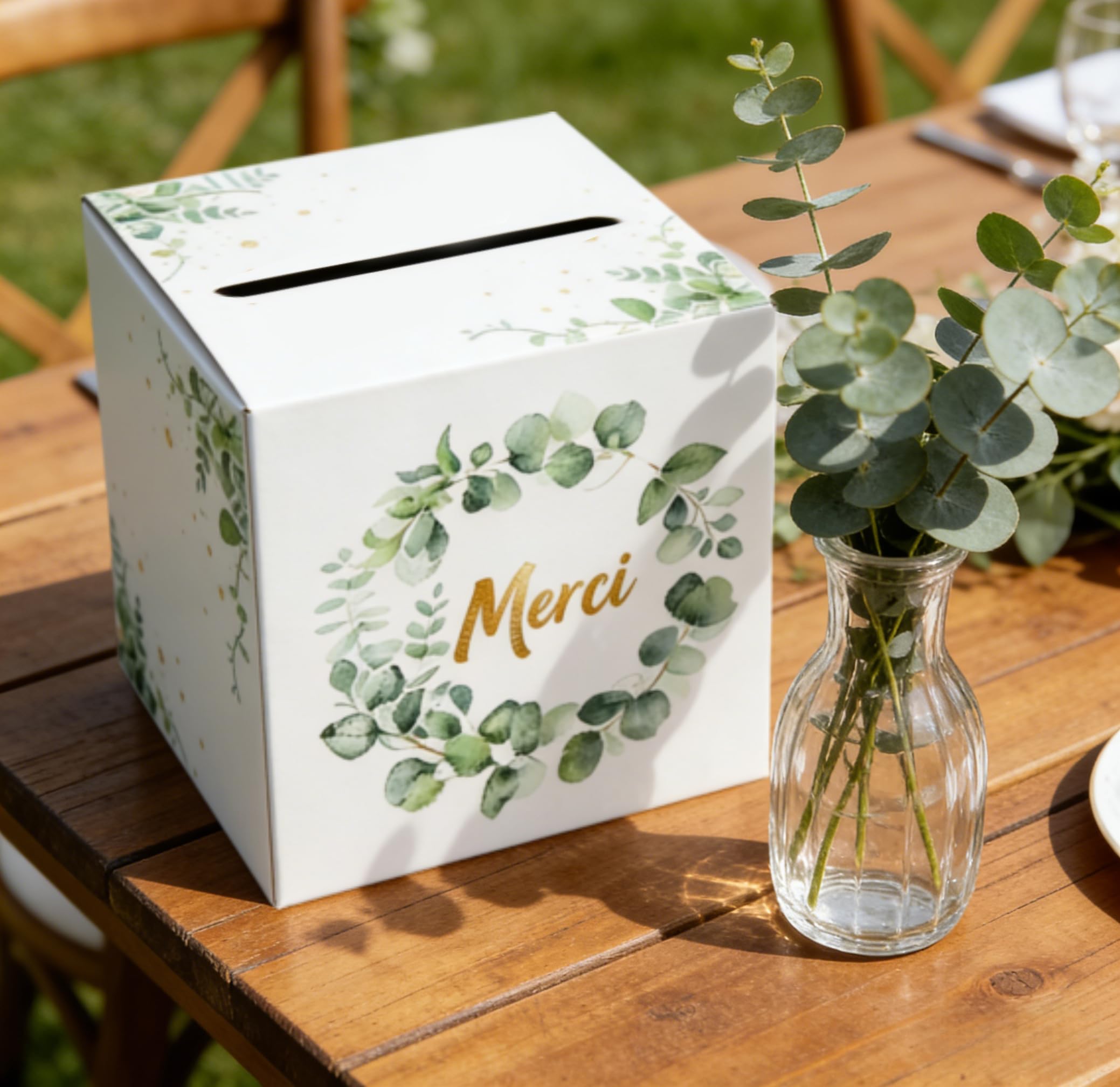 Caja de tarjetas de boda +30 piezas gracias pegatina, urna boda cartón blanco, caja de sobres de tarjetas, para boda, bautizo cumpleaños (22 cm)