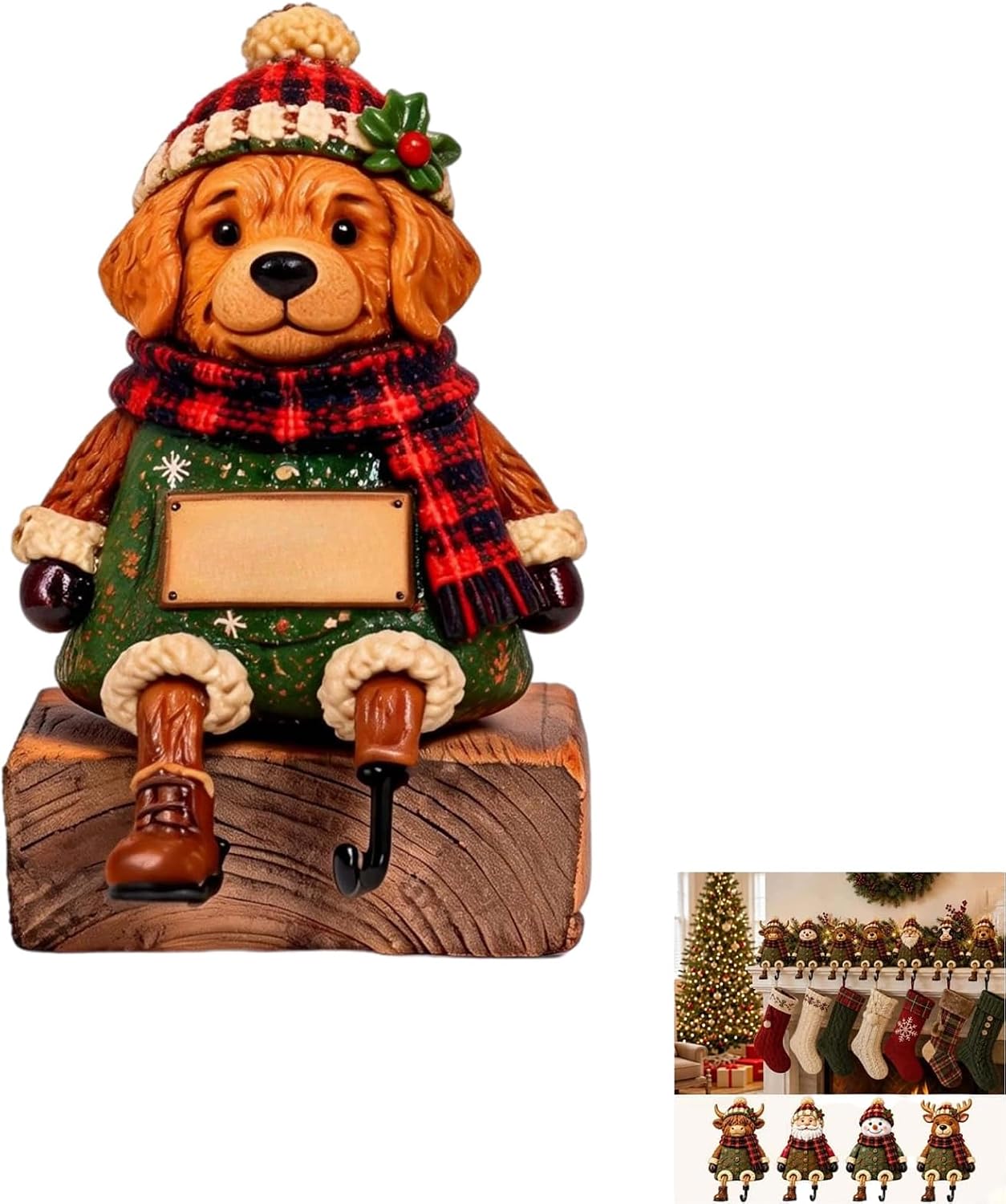 Family Christmas Stocking Holder Shelf Sitters, Christmas Stocking Stand Holder with Plaid Design, Hidden Hooks & Dangling Legs for Fireplace Mantel (F)