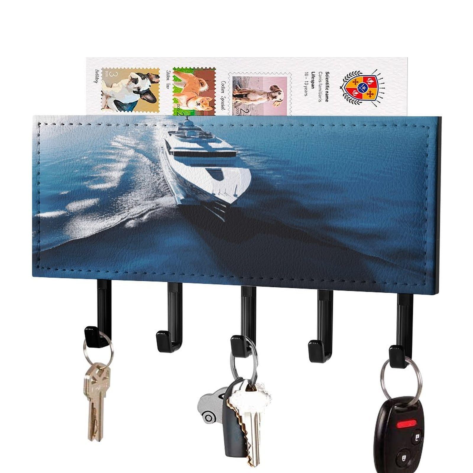 LDGSUPH Yacht Key Holder Wall Mount Key Hanger with 5 Hooks Fashion Key Organizer Rack Hanging Key Hooks with Mail Organizer Key Rack for Home Entryway Hallway Black-Style