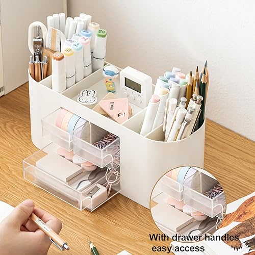 Miniatura 4 de INSTOME Soporte para lápiz para escritorio con 3 cajones, organizador de escritorio todo en uno, accesorios de escritorio perfectos para uso de