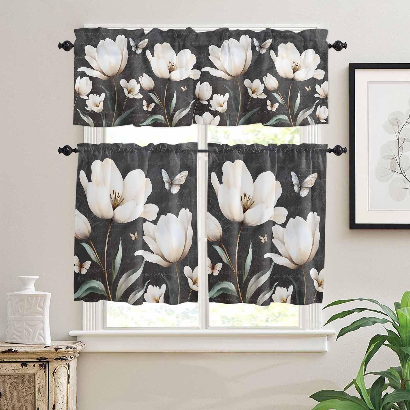 Farmhouse Floral Kitchen Curtains 24 Inch Length, 3 Piece Rod Pocket Small Half Tiers and Valance Set, Magnolia Flowers Vintage Blackboard Small Large Window Treatment Decor for Bedroom/Bathroom Sink