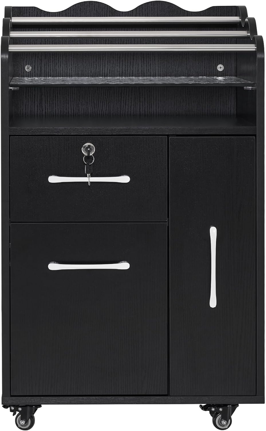 Black Rolling Salon Trolley with Glass Shelf and Storage Cabinet