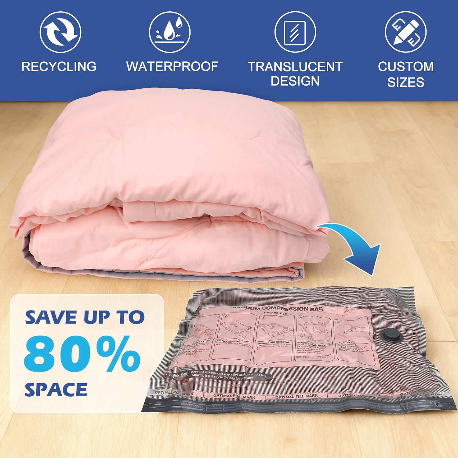 Travel Vacuum Storage Bags with Rechargeable Air Pump, 12 Pack Portable Space Saver Bags, Compression Bags for Clothing, Bedding, Seasonal Storage & Packing Bags for Moving - Image 2