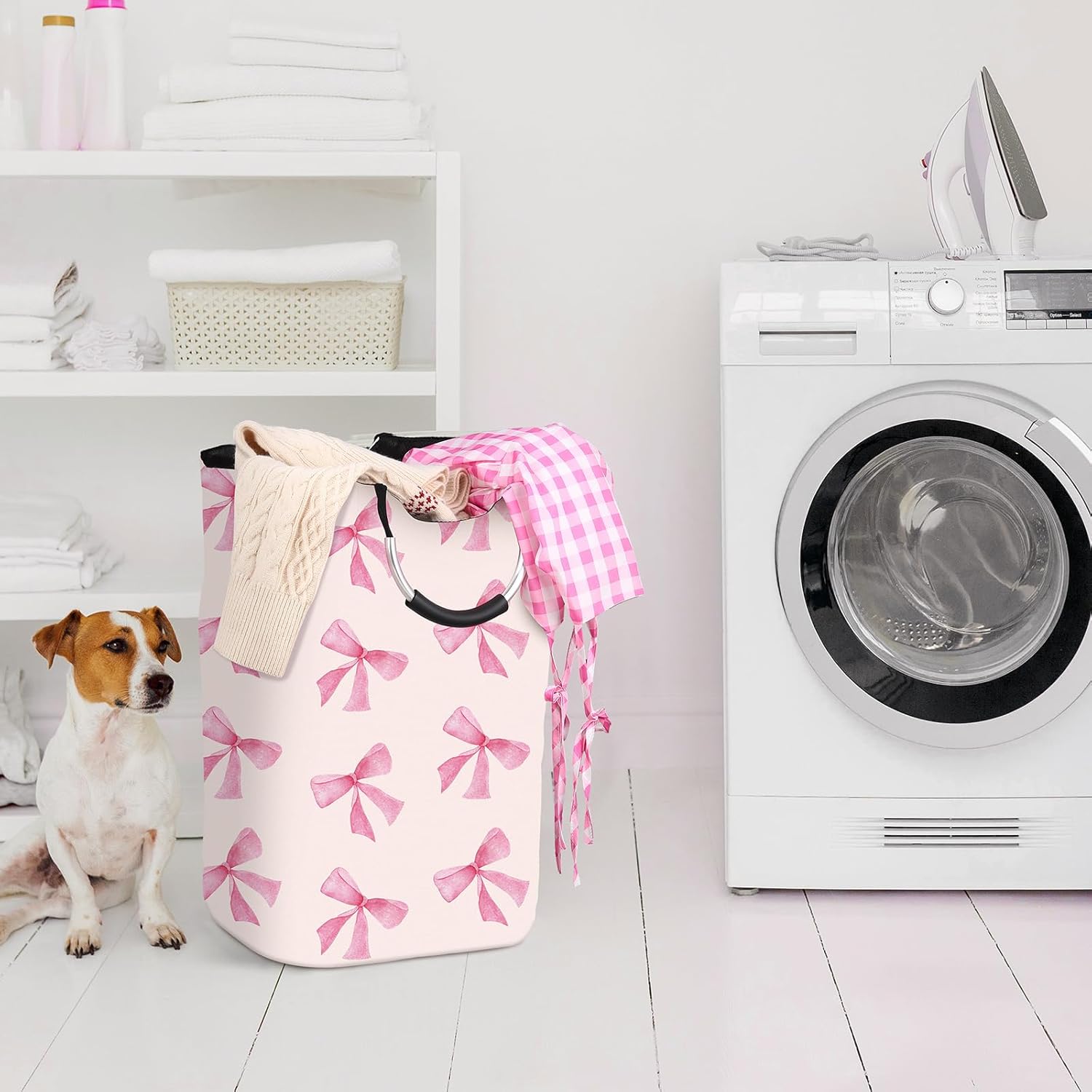 2 Pcs Large Pink Bow Laundry Basket Hamper with Handle Coquette Pink Bow Collapsible Organizer Storage Baskets for Home, Bathroom, Offices, Bedrooms, Nursery Decor