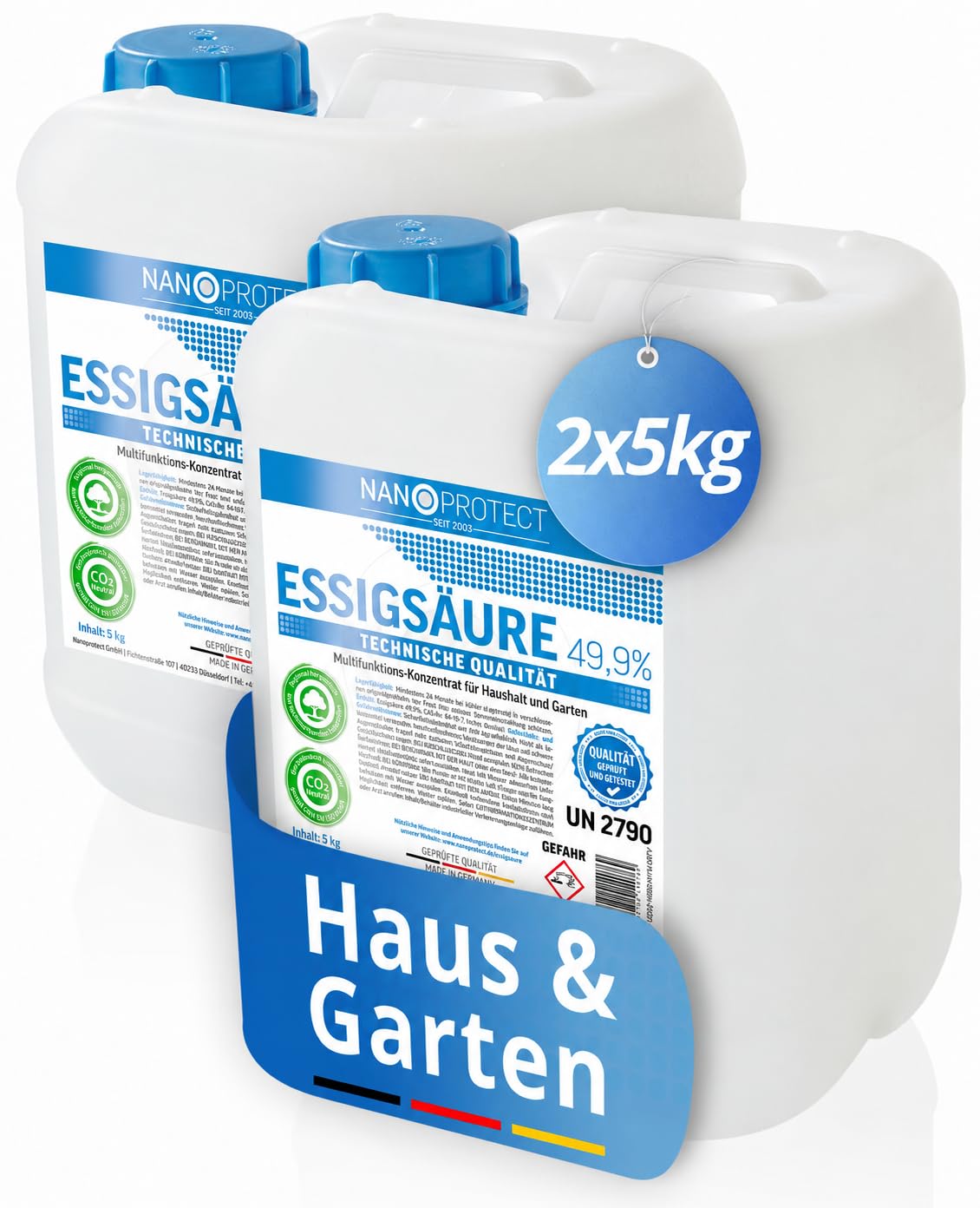 Nanoprotect Essigsäure 49,9% Klimaneutral - 10 kg | Ideal als Reiniger und Entkalker | Für Haus und Garten | Premium Qualität – Made in Germany