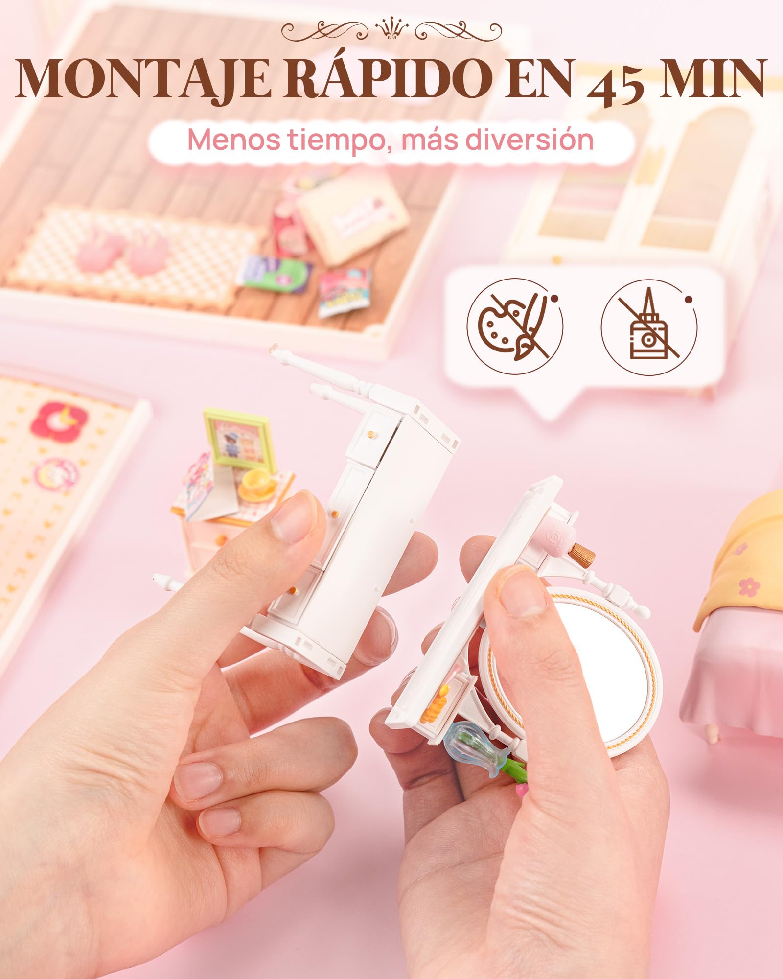 Rolife Super Creator Lovely Pink Bedroom, Casa de Muñecas DIY con Iluminación LED, Kit Sin Pegamento, Decoración de Dormitorio y Escritorio, Regalo Original para Mujer y Niña