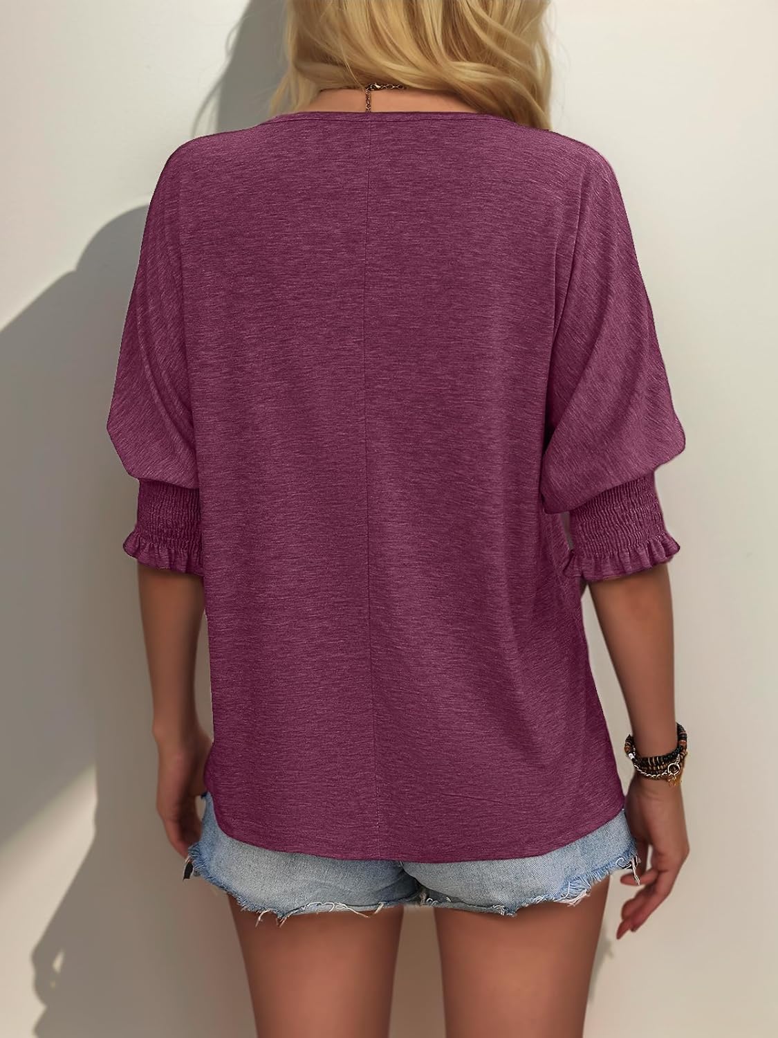 Womens 3/4 Sleeve Tops Loose Fit Round Neck Shirts Casual Solid Color Blouses - Image 5