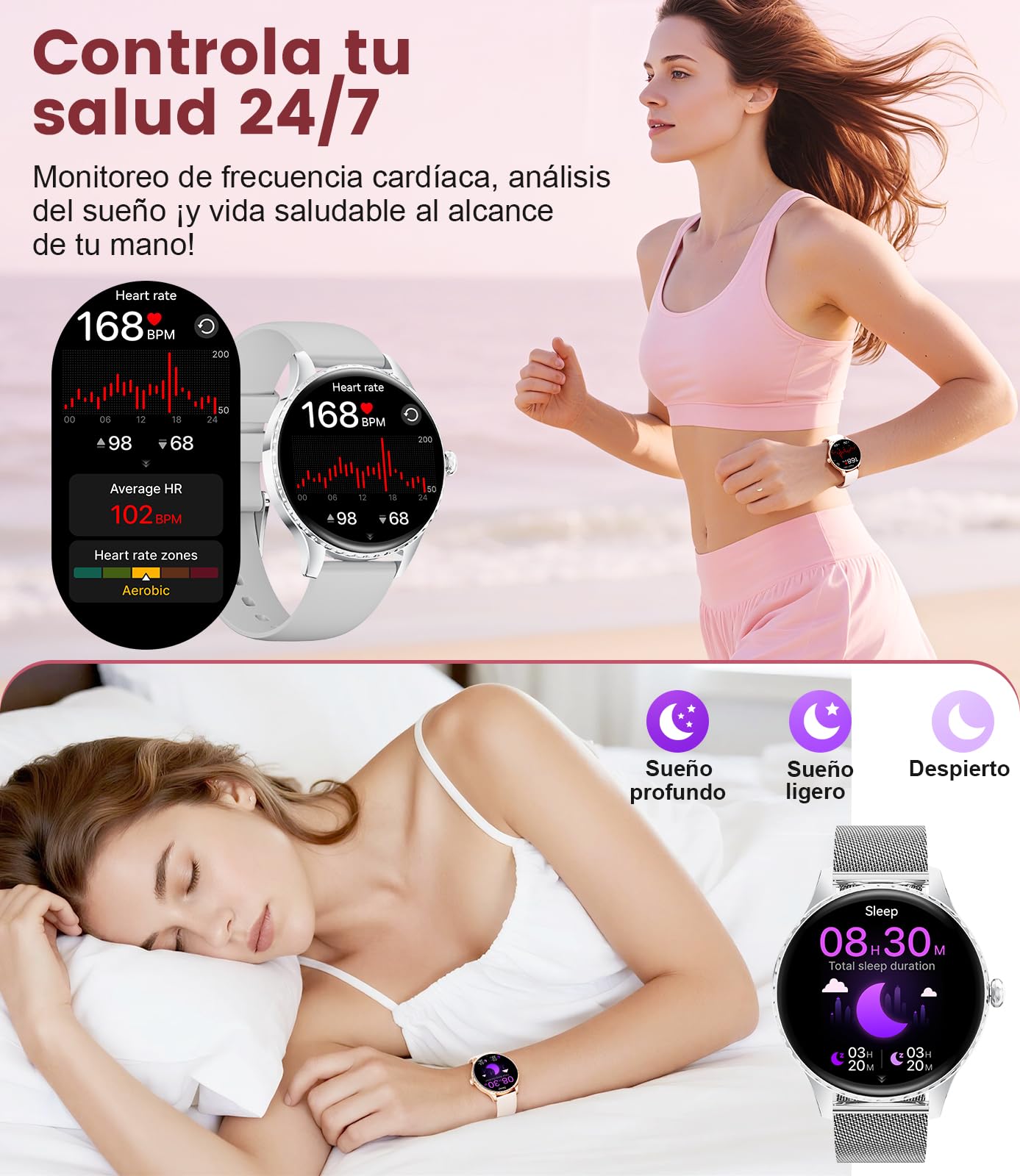 Reloj Inteligente Mujer Redondo,1.32" Amoled/Llamadas Bluetooth,SmartWatch Mujer con Función Femenina/Monitor de Sueño/24H Pulsometro,110+ Deportes/IP68 para iOS Android (Malla de Plata)