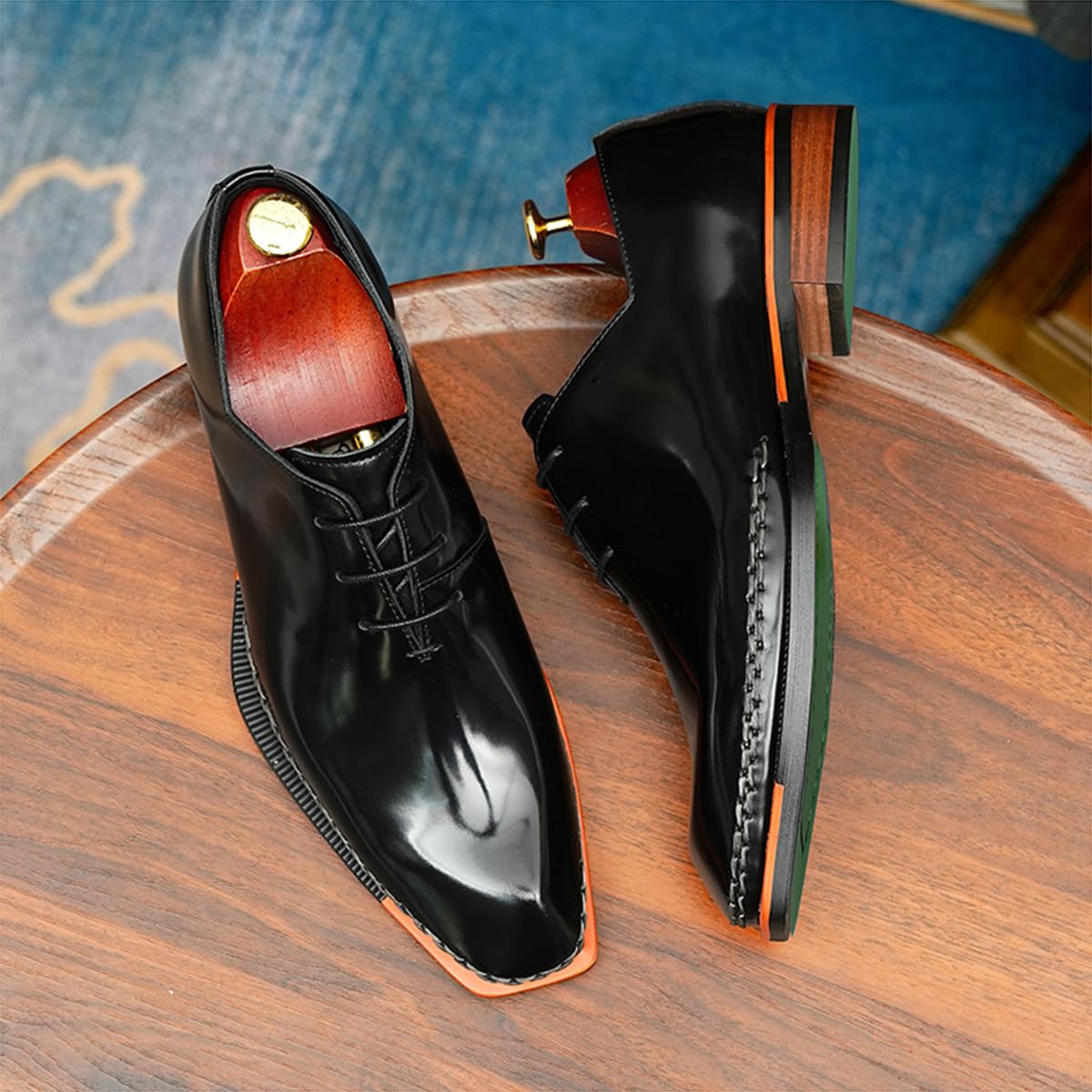 Oxfords Pulidos Hechos a Mano para Hombre Zapatos con Cordones Cuero Genuino Punta Cuadrada Zapatos de Vestir Formales Negocios