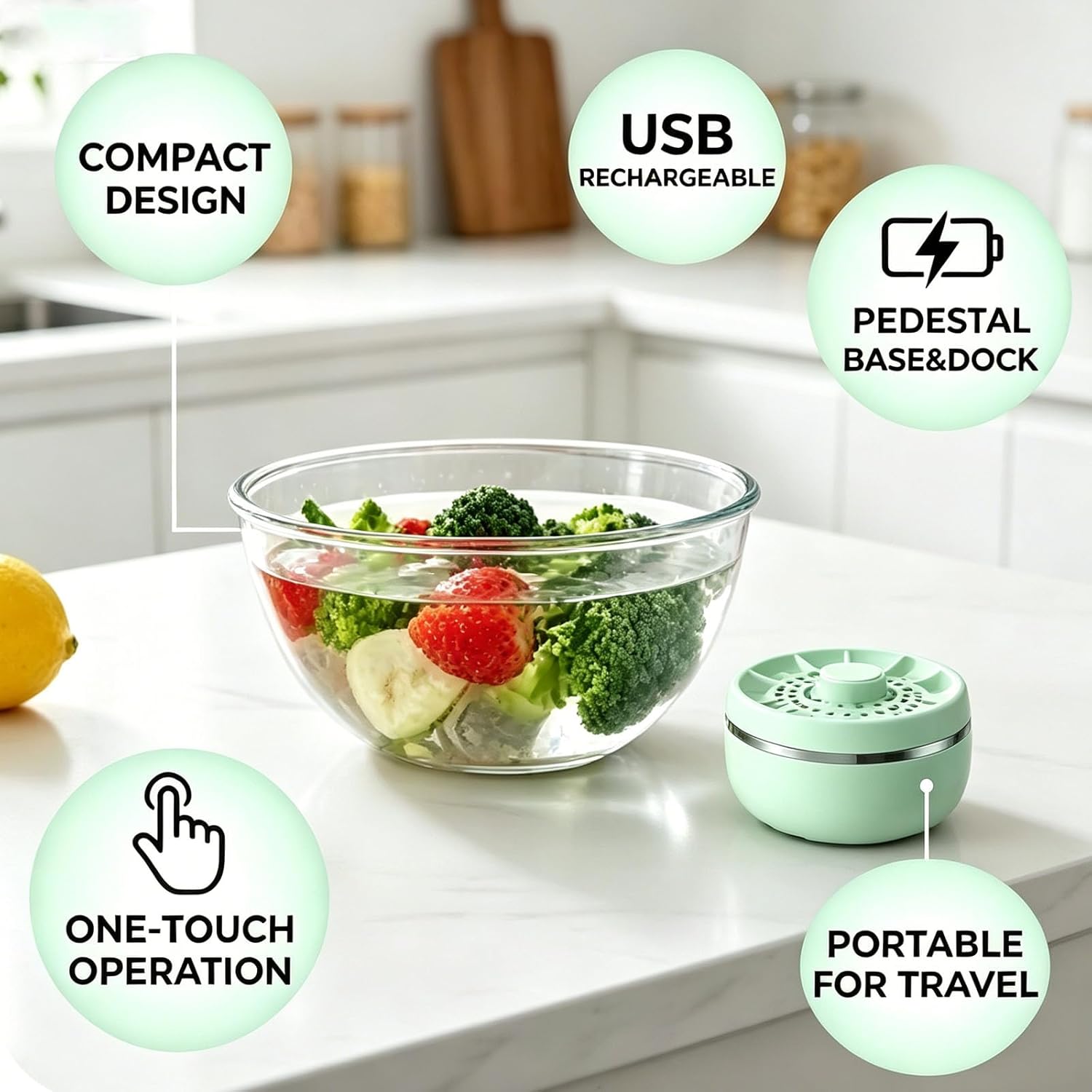 Fruit and Vegetable Washing Machine, Portable USB Wireless Food Purifier Cleaner, 3-Minute Deep Clean for Fruits, Vegetables, Rice, Meat, Seafood, Household Produce Purification Device (Green)
