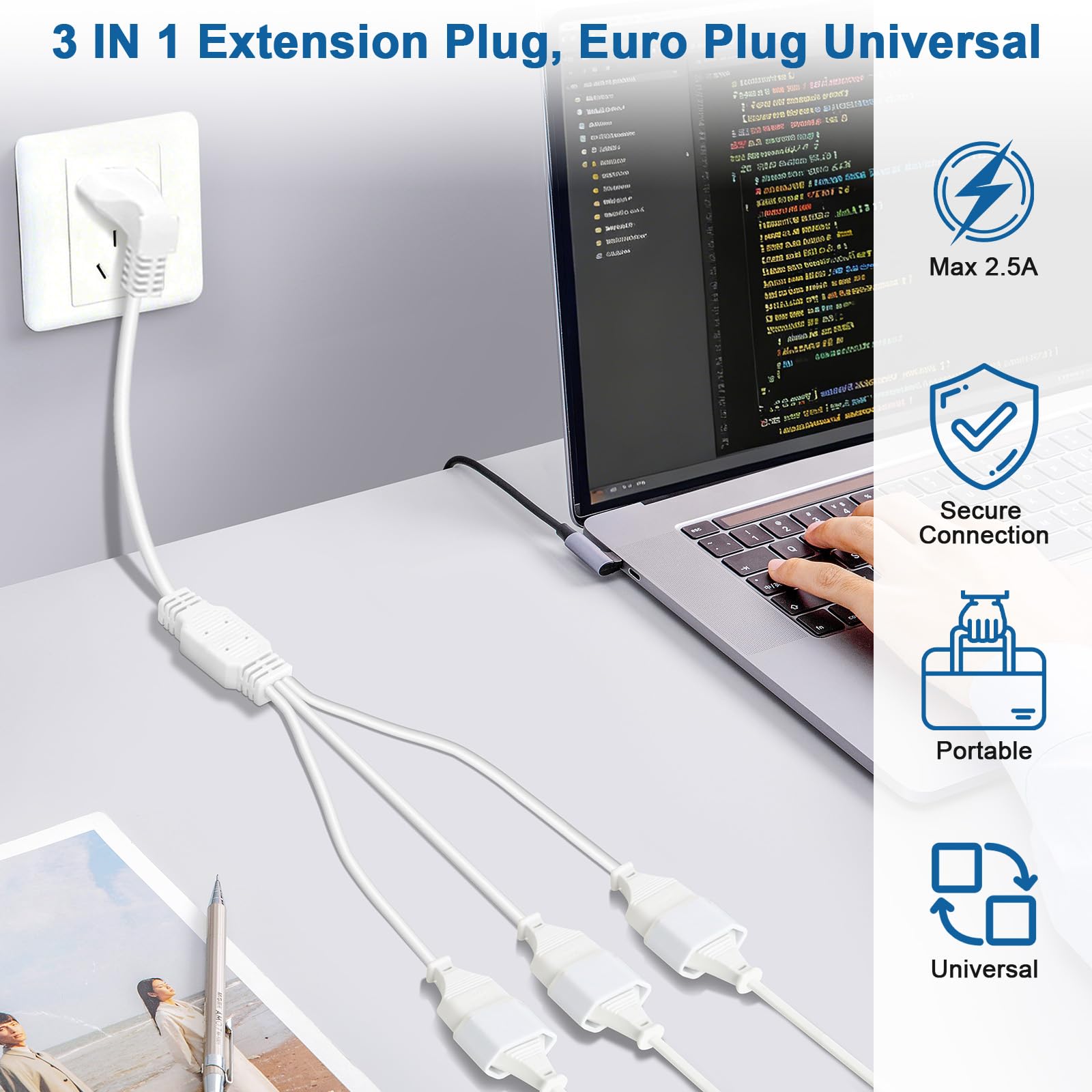VINATO Câble D'extension Euro 3 en 1, 2.5A 250V Rallonge Electrique Exterieure, Rallonge Prise Plate, pour électroménagers TV Moniteur D'Ordinateur (Blanc, 0.5m)