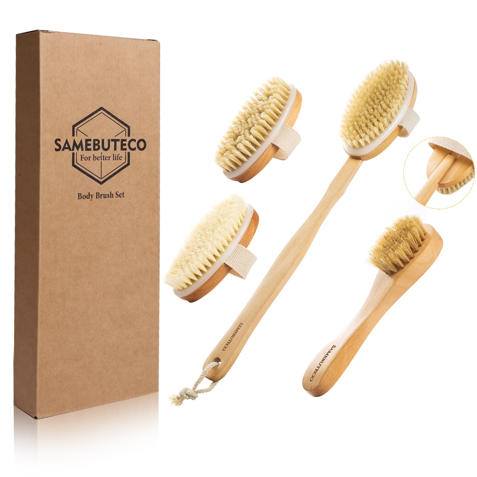 5 Packs Dry Brushing Set Natural Body Brush Wood Long Handle with 3 Detachable Heads, 1 Face Brush,Natural Boar Bristle Exfoliator for Lymphatic Drainage and Cellulite,Back Scrubber
