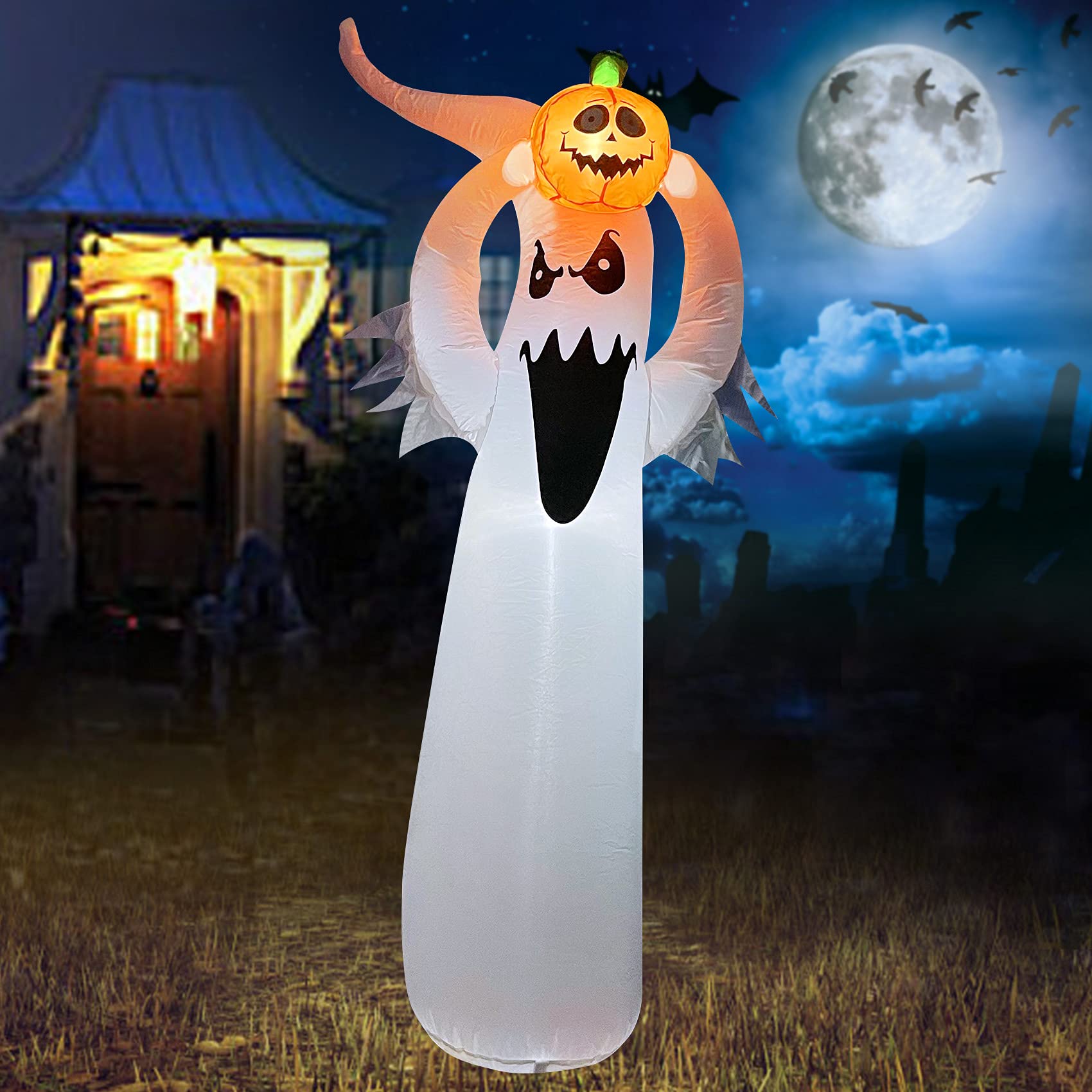 Halloween Inflatable Ghost, Scary Halloween Decoration Outdoor, Blow Up Yard Decoration 5.9FT Inflatable Ghost with Scary Pumpkin Halloween Decor for Party Home Indoor Haunted House