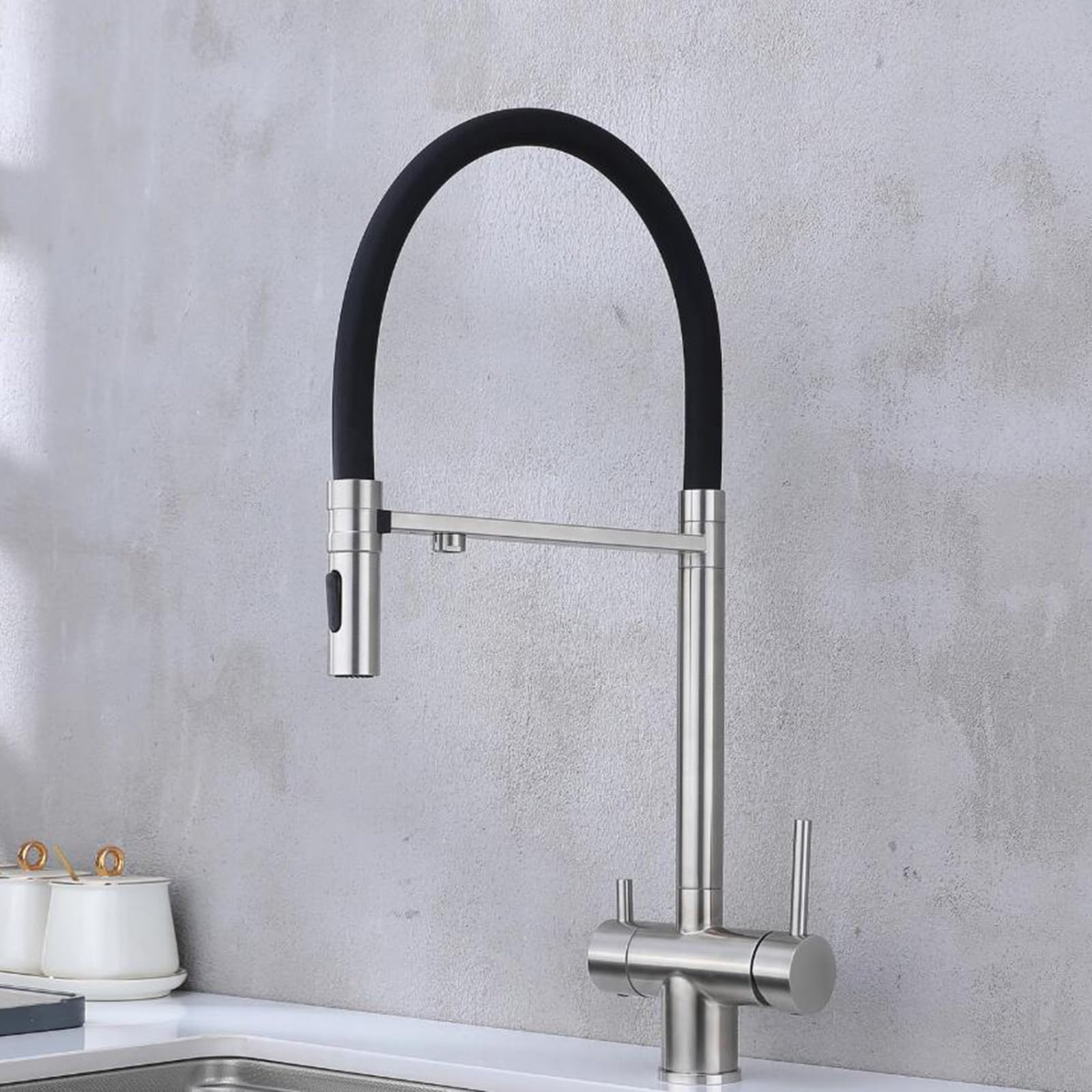 Rubinetto Cucina Flessibile 3 Vie Doppia Maniglia 2 Uscite Acqua Rubinetto Lavello Cucina 3 Vie Acciaio Inox-Spazzolato