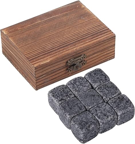 Juego de regalo de piedras de whisky con 9 piezas de piedras y caja, cubos de hielo reutilizables, juego de granito natural, piedras para enfriar