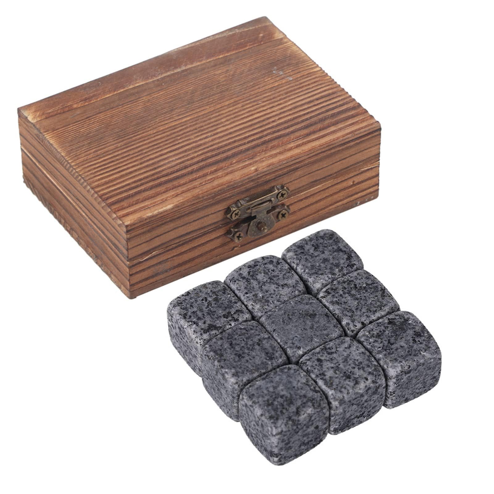 Whiskey Stones Gift Set with 9 Pcs Stones and Box, Reusable Ice Cubes Natural Granite Set Chilling Rocks Stones Beverage Chilling Stones for Drinks Home Bartender Gift for Whiskey Lovers (Gray)