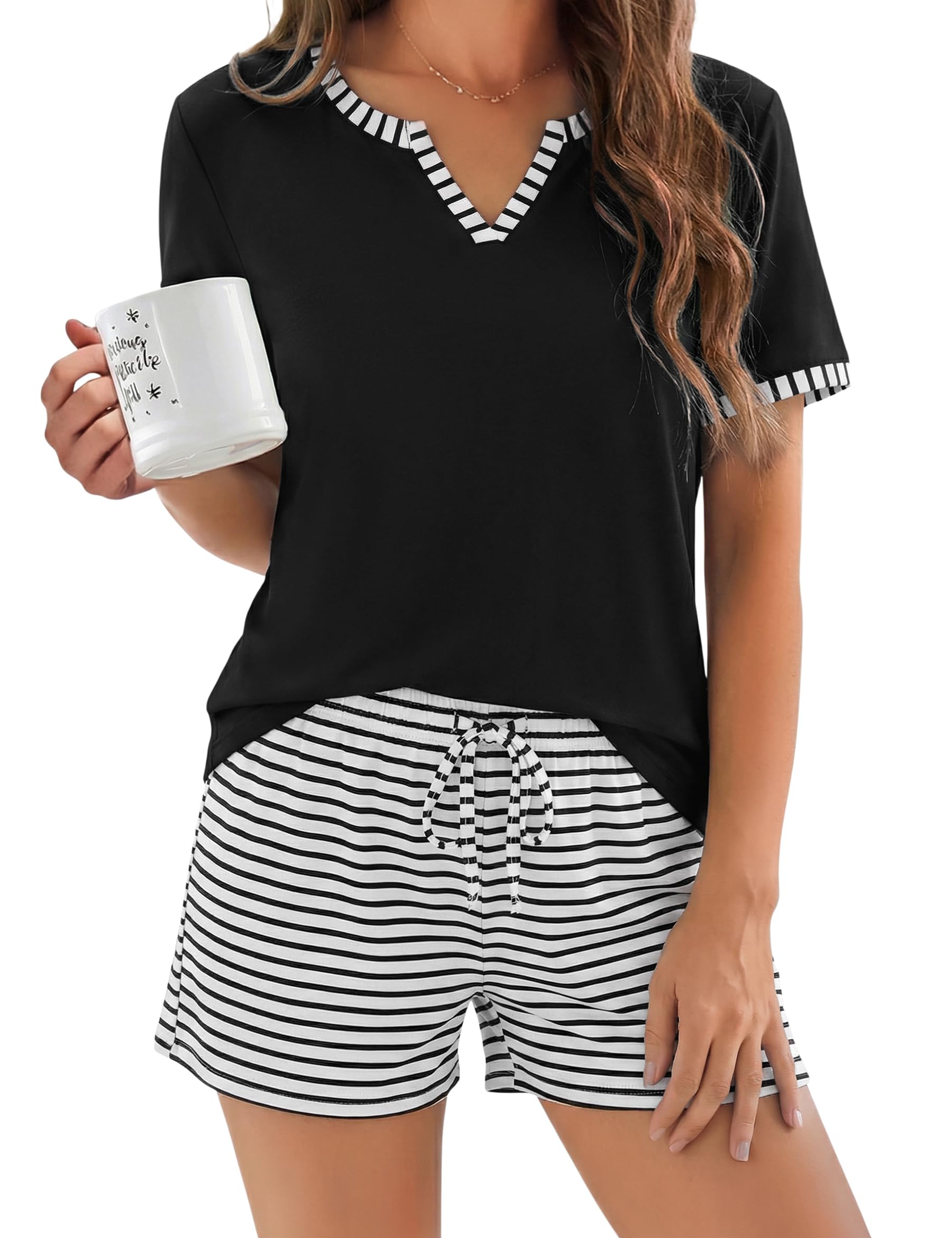 Demegimi Schlafanzug Damen Kurz Baumwolle Sommer Pyjama Zweiteiliger Pyjama Set Gestreift Weicher Shorty Hausanzug V-Ausschnitt Nachtwäsche
