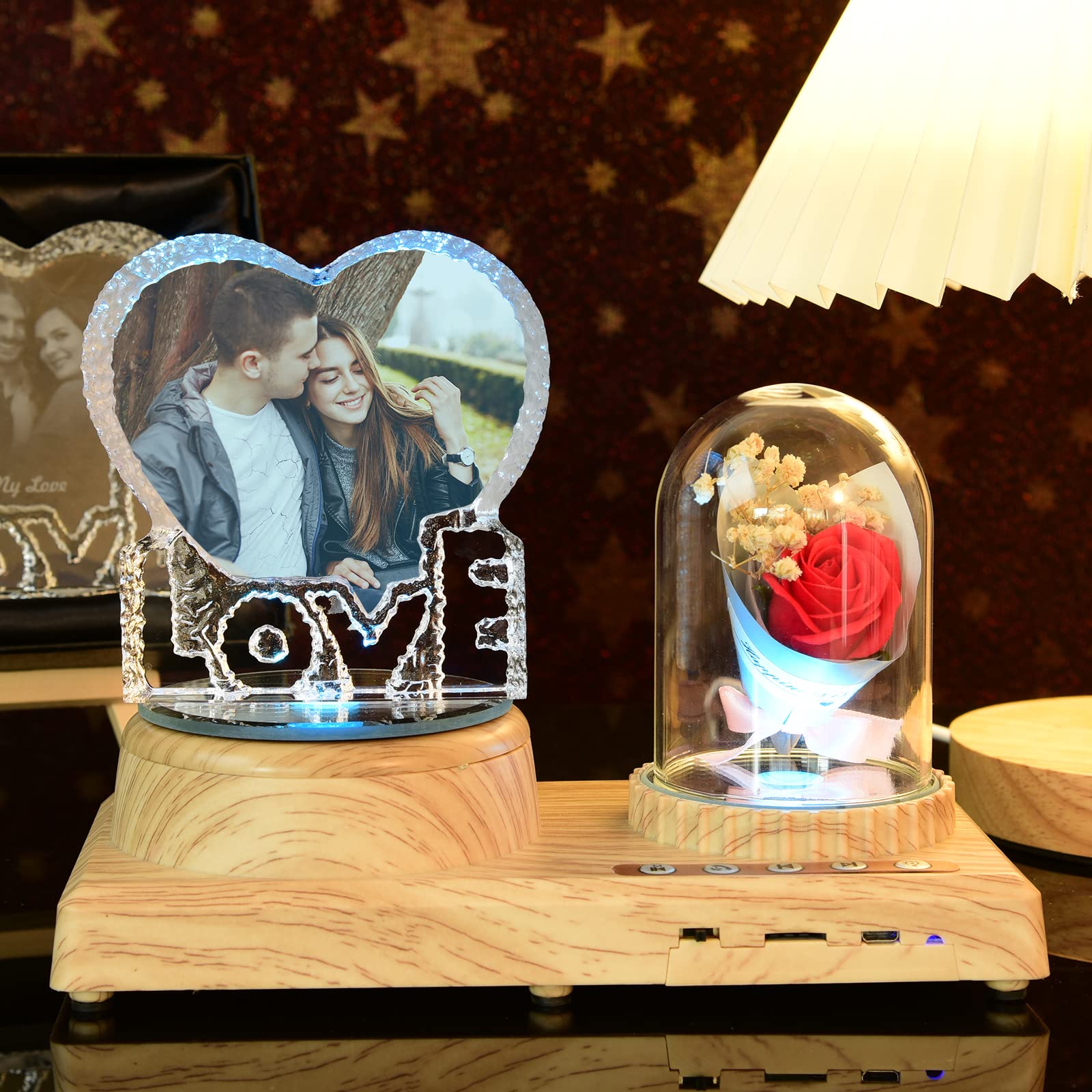 SHKINETARRY Love Crystal Photo Personalized 3D Crystal Picture Frame, Custom Heart Crystal Lamp with Bluetooth 7 Color LED Rotary Music Base, Memorable Gift and Customized Gift for Women Men