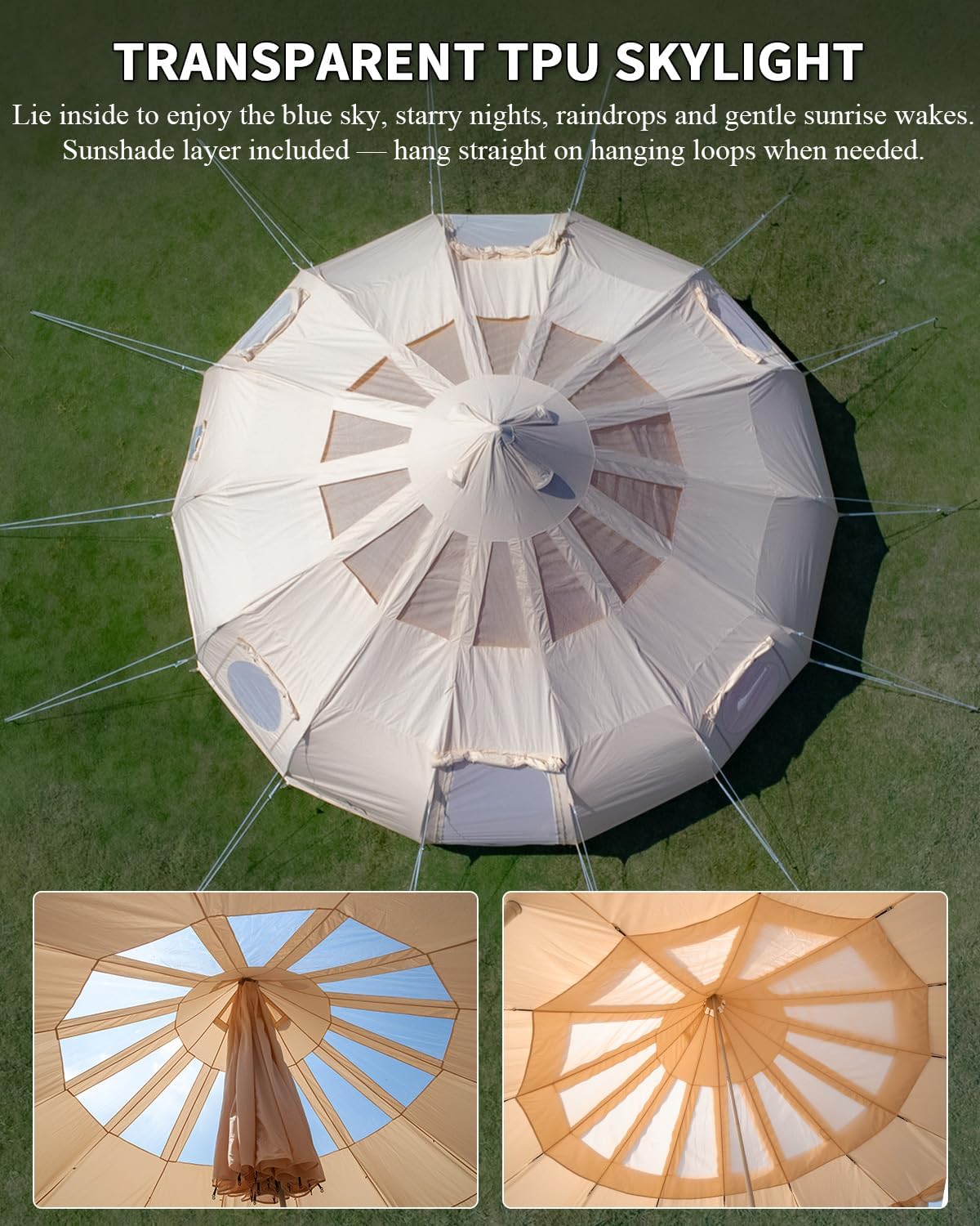 TOMOUNT Canvas Tent with Rainfly with Stove Jack Bell Tent Yurt Glamping Tent with TPU Transparent Roof for Family Camping