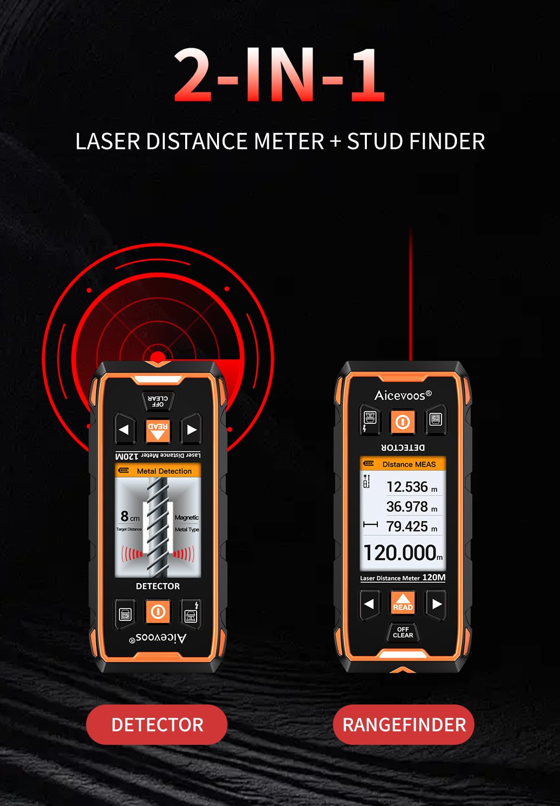 Escáner de Pared - Detector Cables Tuberias 2 en 1 y 393ft Medición Láser con Pantalla LCD para Detectar Madera, Metal, Cables en la Pared y Magnéticos o No Magnéticos