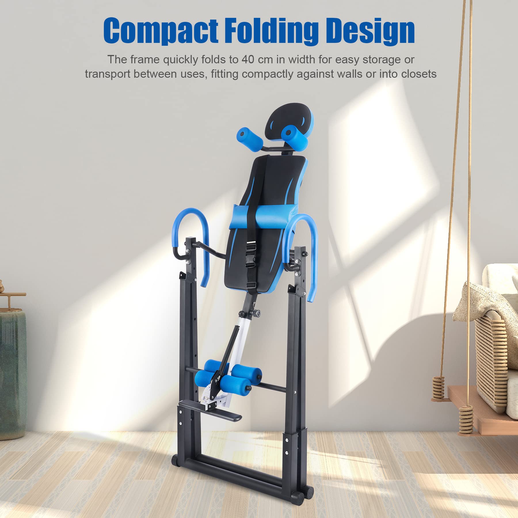 Panca a Inversione Gravity Altezza Regolabile 130 e 185 cm con Supporto Lombare Pieghevole Tavolo di Inversione Gravitazionale Macchina per Allenamento Muscolare Blu