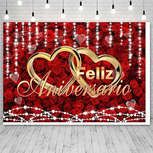 Miniatura 3 de Fondo de feliz aniversario de 7 x 5 pies, decoración de fiesta de feliz aniversario mexicano, flores rojas burdeos, fondo de fotografía, cartel de