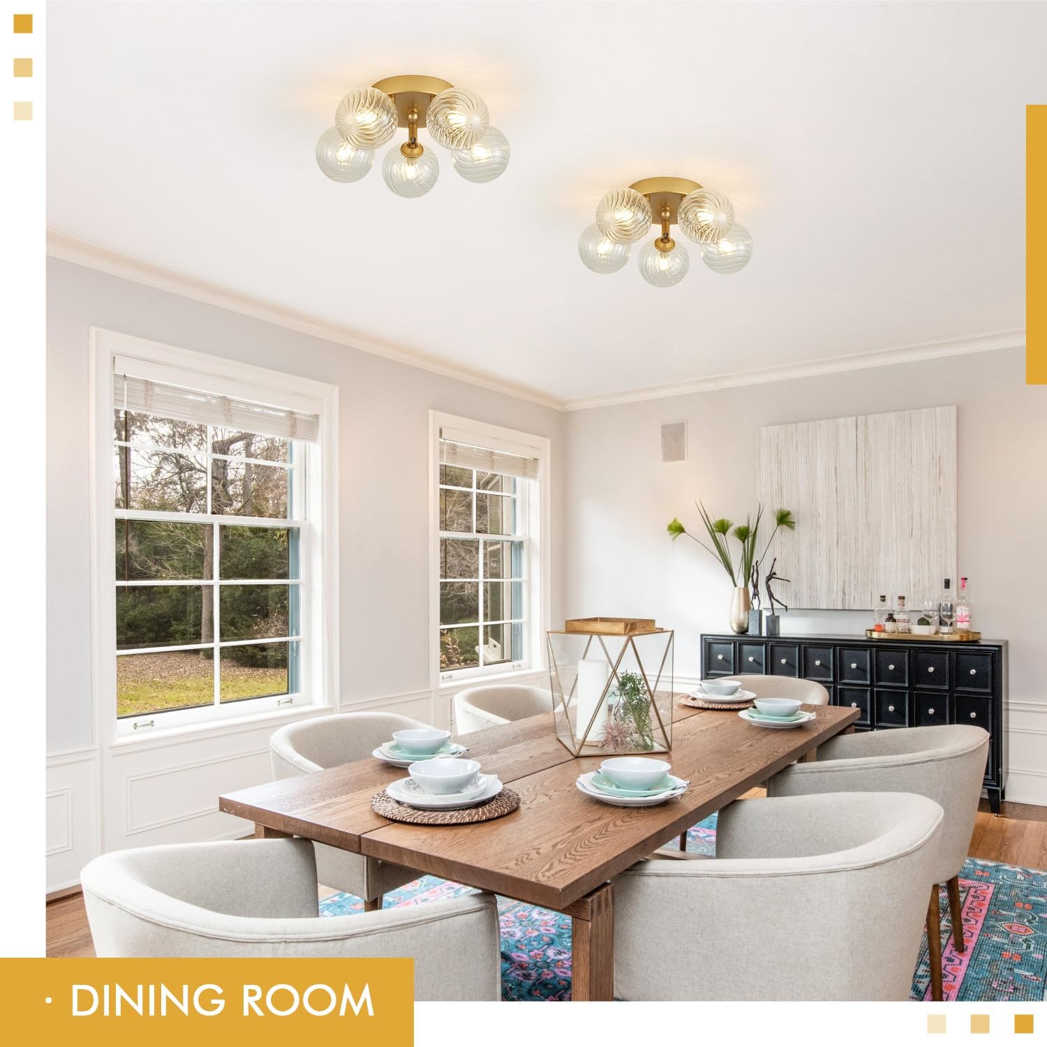 Gold Ceiling Bubble Light Fixture Modern 5 Lights Swirled Clear Ribbed Blown Glass Ball Chandelier Semi Flush Mount Lighting Dia 12.6" for Hallway Entryway Kitchen Dining Room 12.6" x 6", Ceiling Gold, 5-Light
