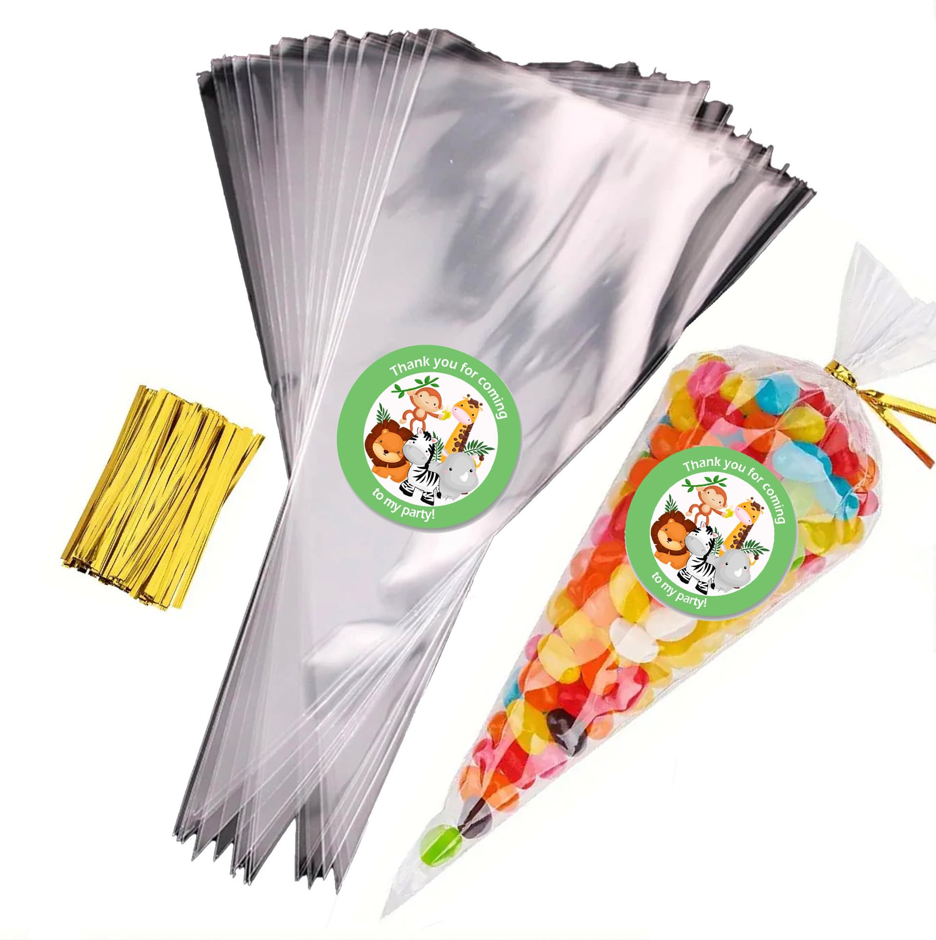 Sweet Cone Bags with Coloured Ties | Triangle Clear Cellophane Bags | Food Sweet Candy Popcorn Snacks | Brithday Baby Shower Fayres Events Festivals (Jungle Green, 50 Set)