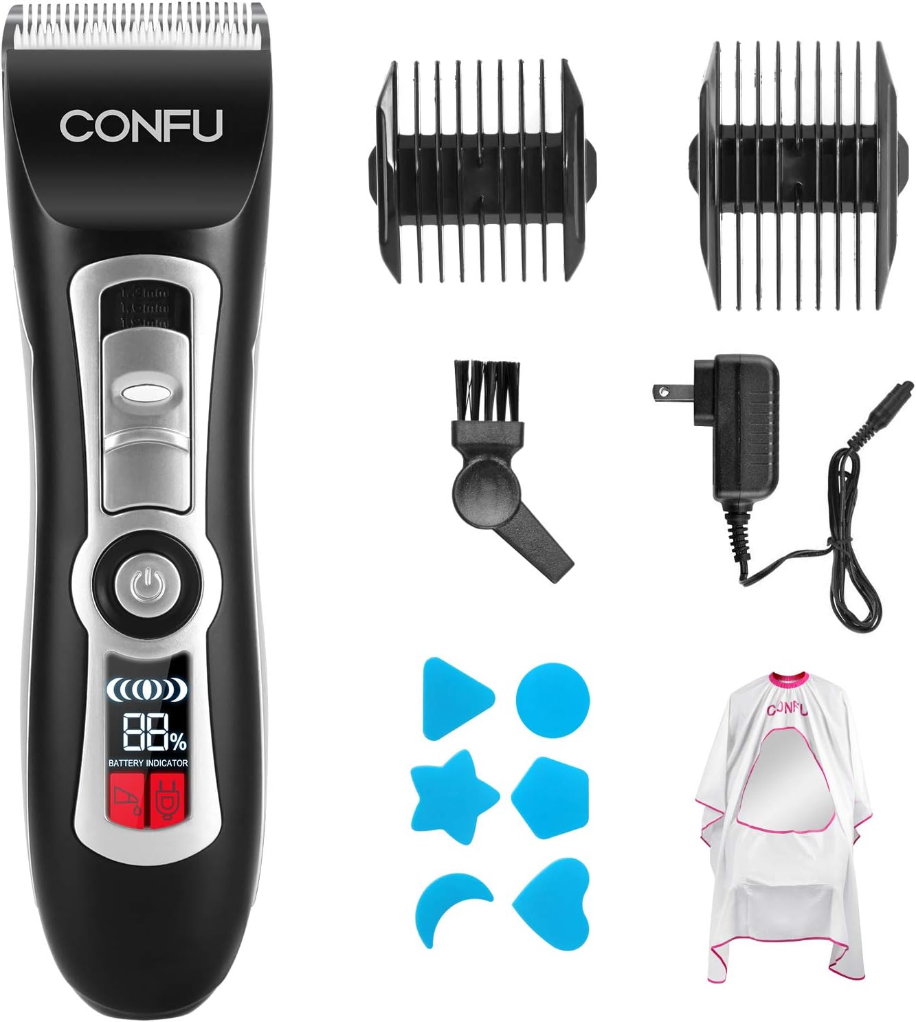 Cordless Hair Clippers and Beard Trimmer - 4.5 Hour Long Life Battery, LCD Display, Titanium and Ceramic Blades - Includes Guide Combs and 4 attachments - CONFU