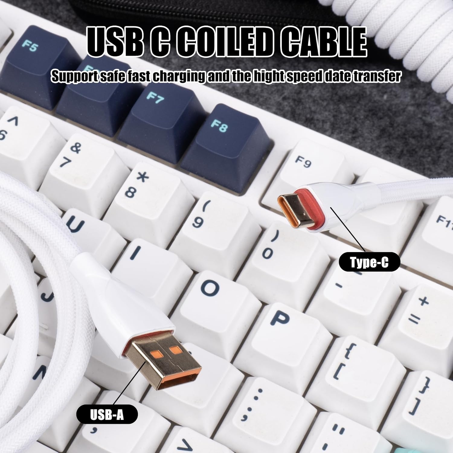 Coiled USB C Aviation Cable with Winder Rod for Gaming Keyboard Compatible Win/iMac/PC, USB A to USB C Braided Mechanical Keyboard Cable, Double-Sleeved Cable with Detachable Metal Aviator(White)