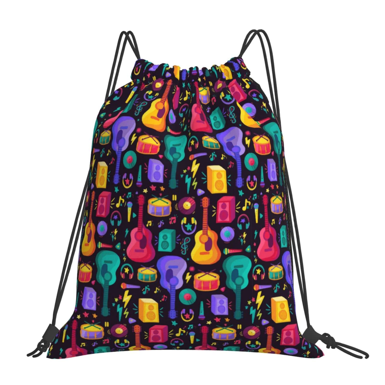 Richugui Colorful Musical Drawstring Bags Colorful Guitar Speakers Drawstring Backpack Sports Gym String Bag For Women Men Backpacks Training Yoga Bags