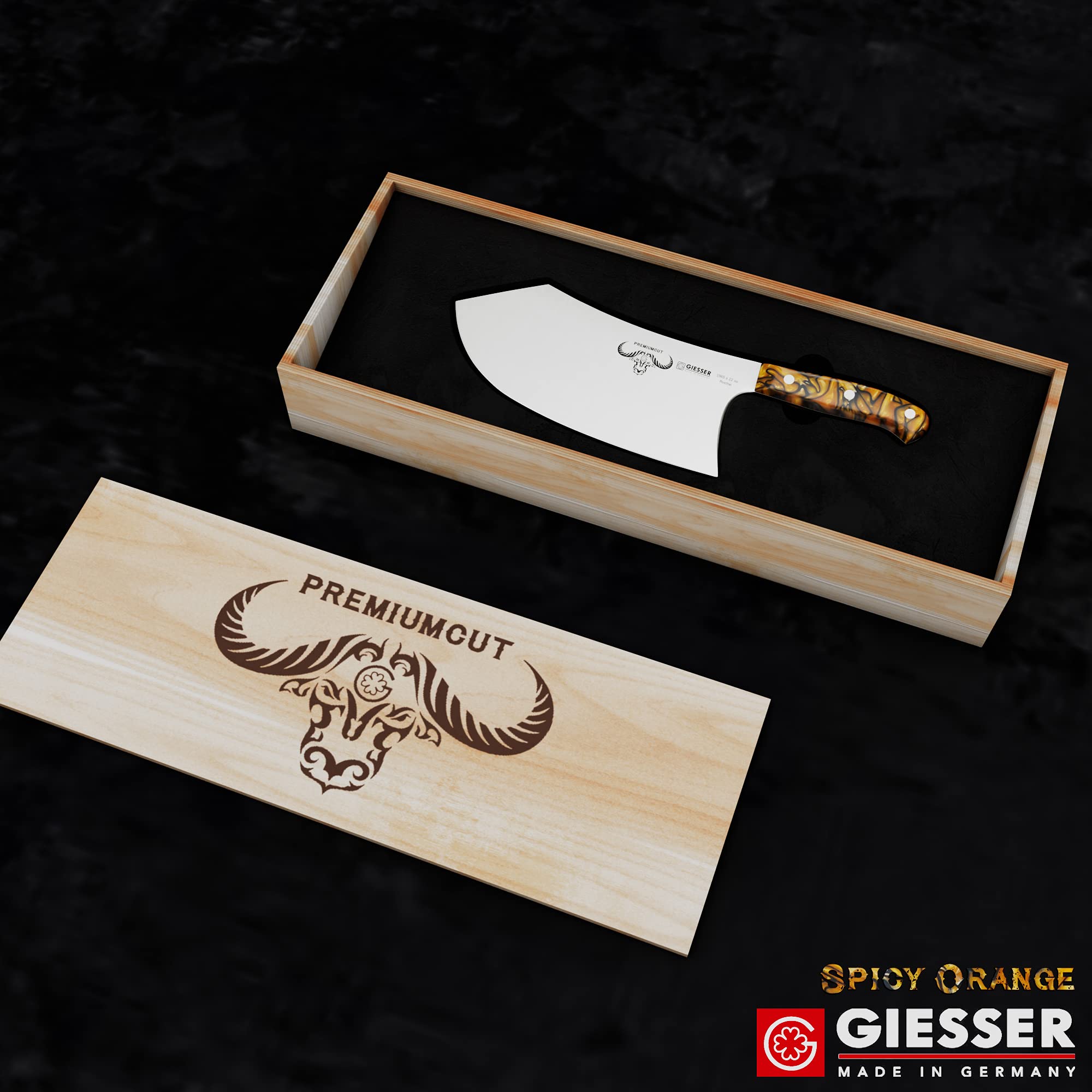 Giesser seit 1776 - Made in Germany - Hackbeil 22 cm Spicy Orange, PremiumCut Butcher No 1, Hackmesser, Acryl, exotisch, rostfrei, deutsches Grillmesser scharf