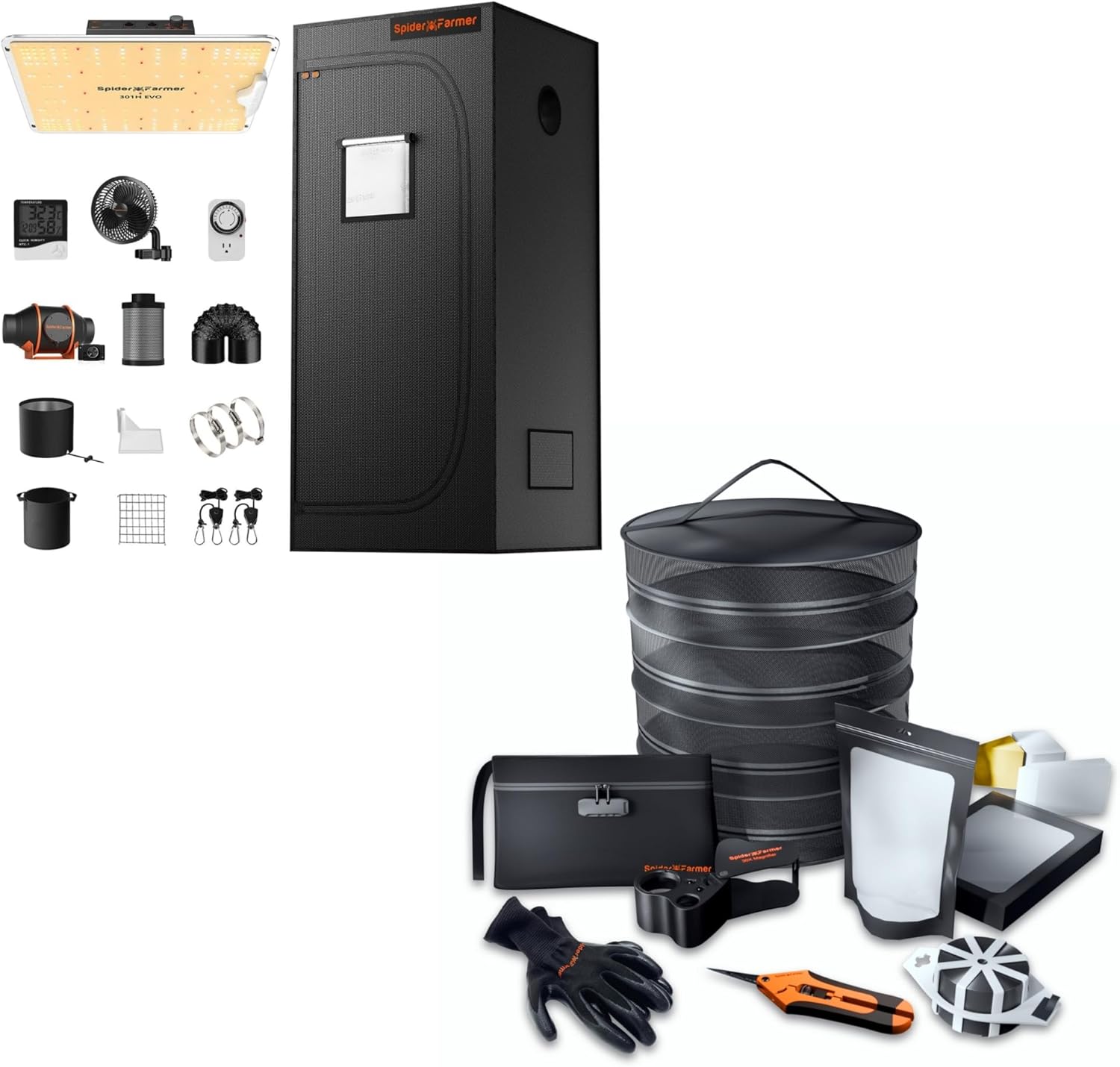 Spider Farmer Professional 9-in-1 Grow Kit – Pruning Shears, 60X Magnifier, Drying Rack for Hydroponics, Indoor & Greenhouse Gardening and Spider Farmer EVO Grow Tent Kit Complete 27"x27"x62" SF-1000