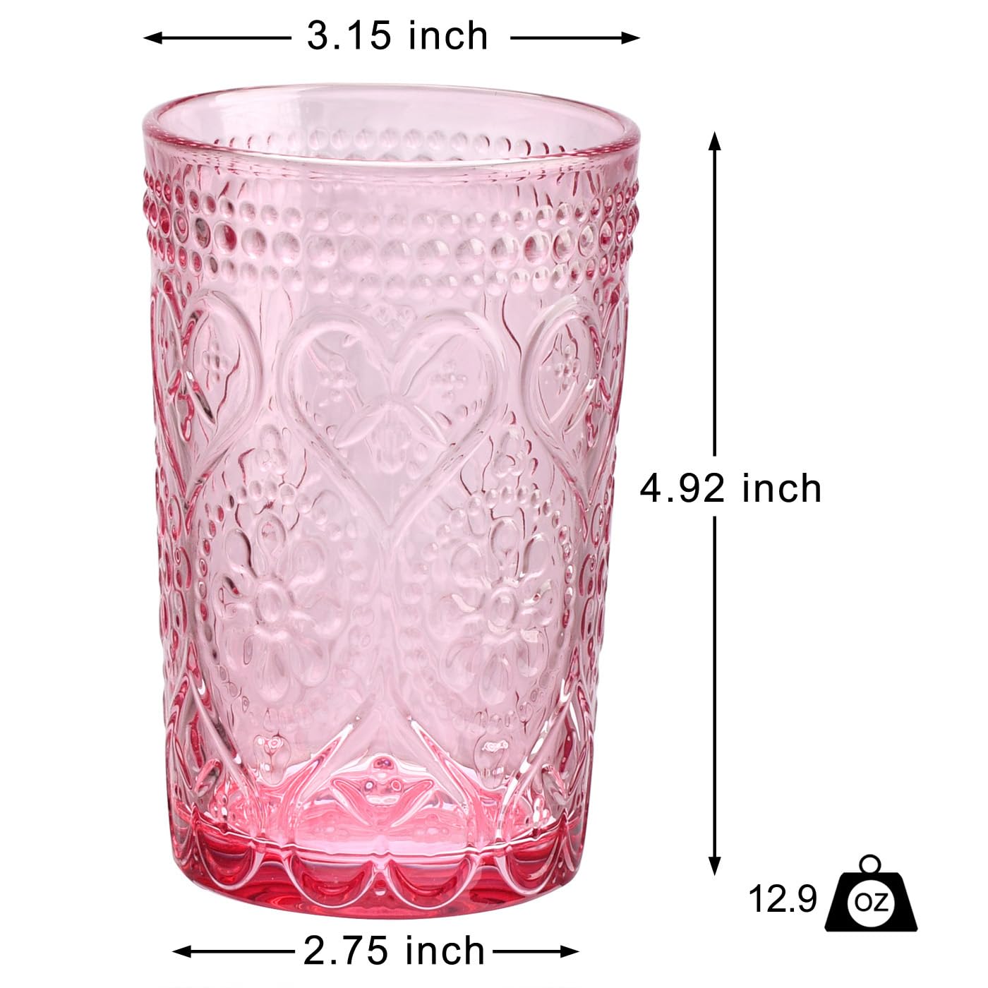 Amazon.com | Vintage Drinking Glasses Set of 4-12 OZ Pink Embossed Old  Fashioned Water Glasses Tumblers for Whisky, Beer, Juice, Beverages,  Cocktail: Old Fashioned Glasses