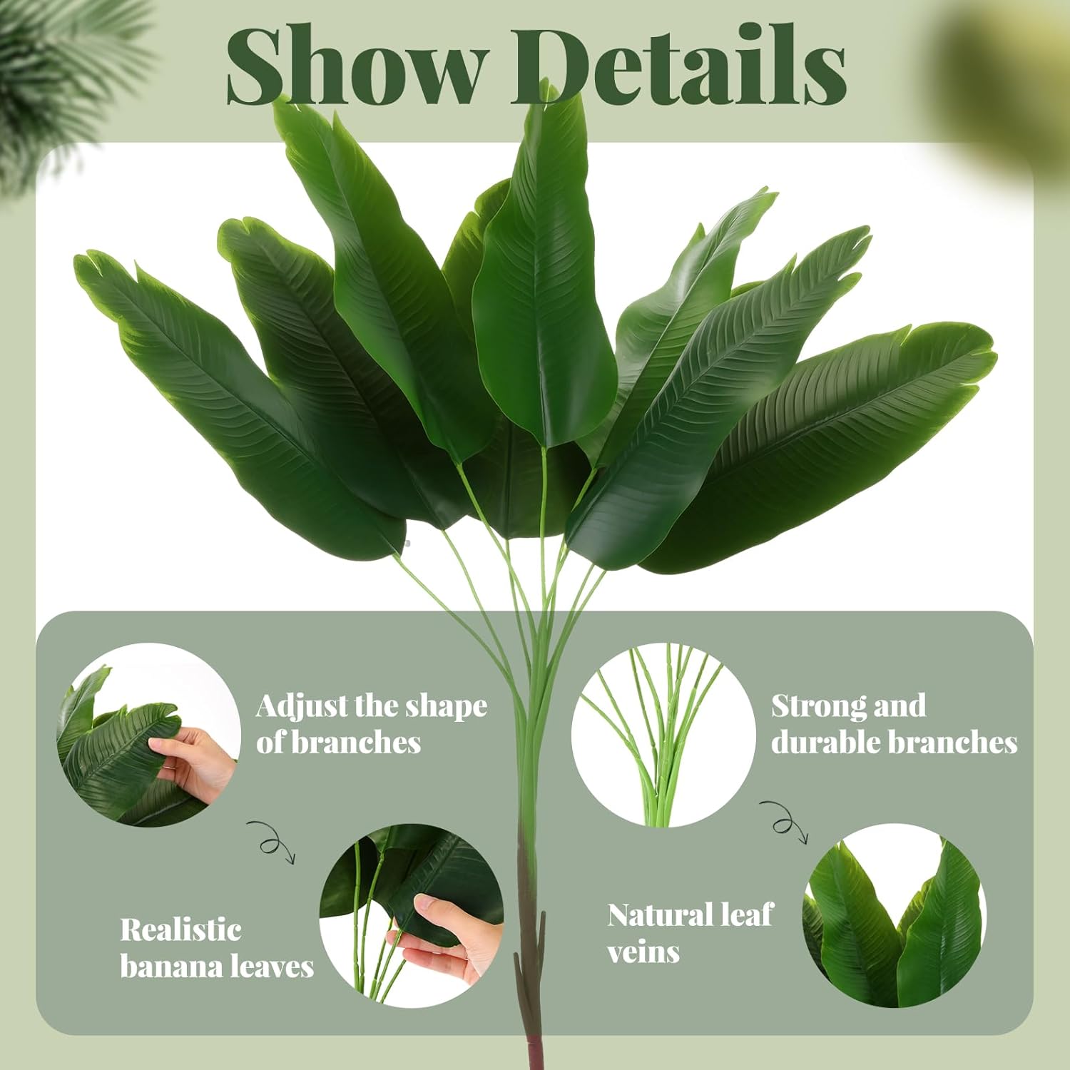 Giegxin 6pcs Artificial Plants 32” Faux Banana Tree Leaves with Stems Tropical Monstera Leaf Fake Turtle Palm Leaves Tropical Plants for Wedding Floral Hawaiian Beach Party Indoor Outdoor Garden Decor