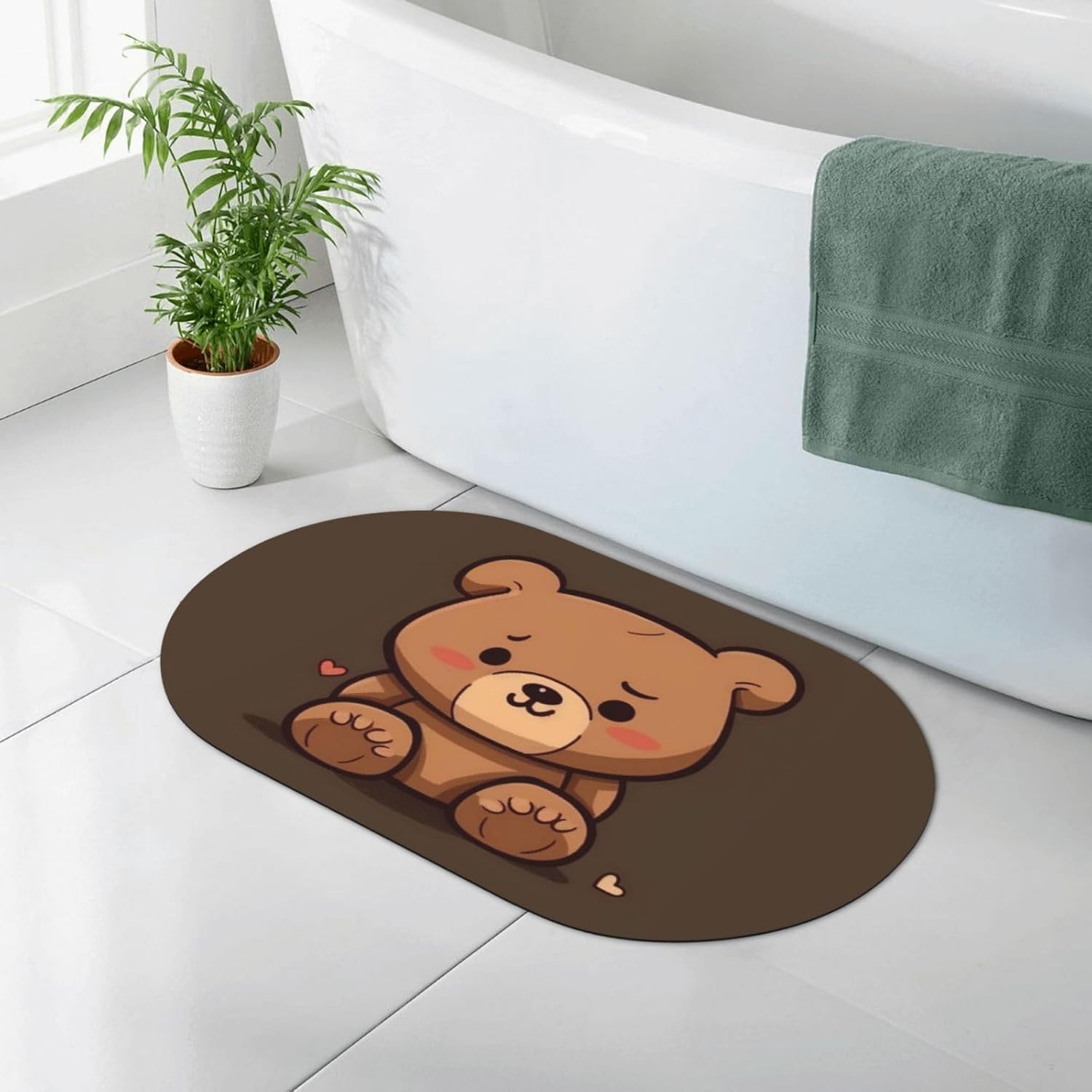 Stone Bath Mats Cartoon Brown Cute Bear Diatomaceous Earth Bath Mat Super Absorbent Bathroom Floor Mat Quick Drying Diatomite Shower Mat for Shower Bathtub Bathroom Accessory 19.7x31.5in