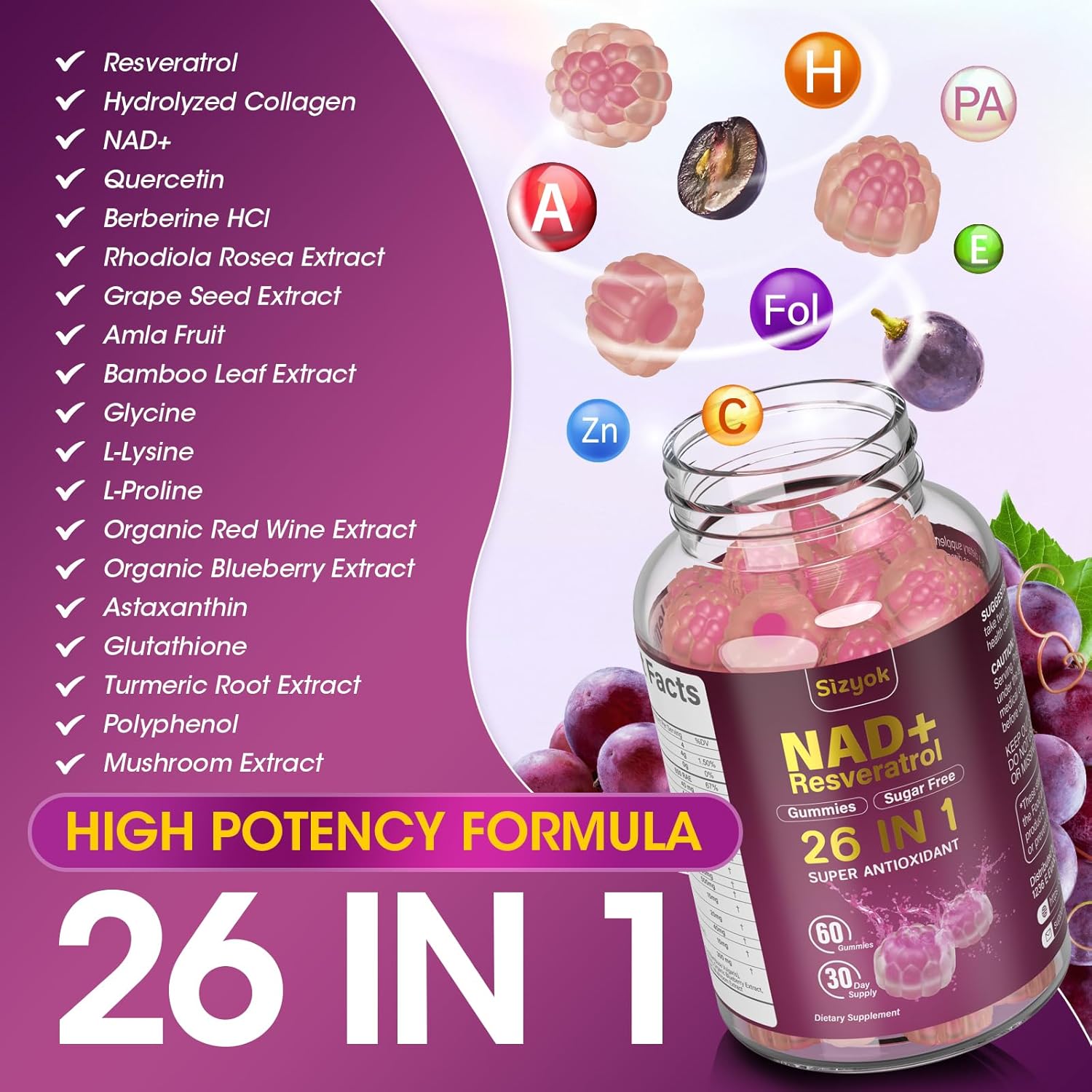 NAD Resveratrol Gummies, NAD Supplements for Women with Hydrolyzed Collagen, Grape Seed, and D-Biotin Support Antioxidant Action, Anti-Aging, Cell Regeneration & Energy, Sugar-Free, 60 Gummies - Image 3