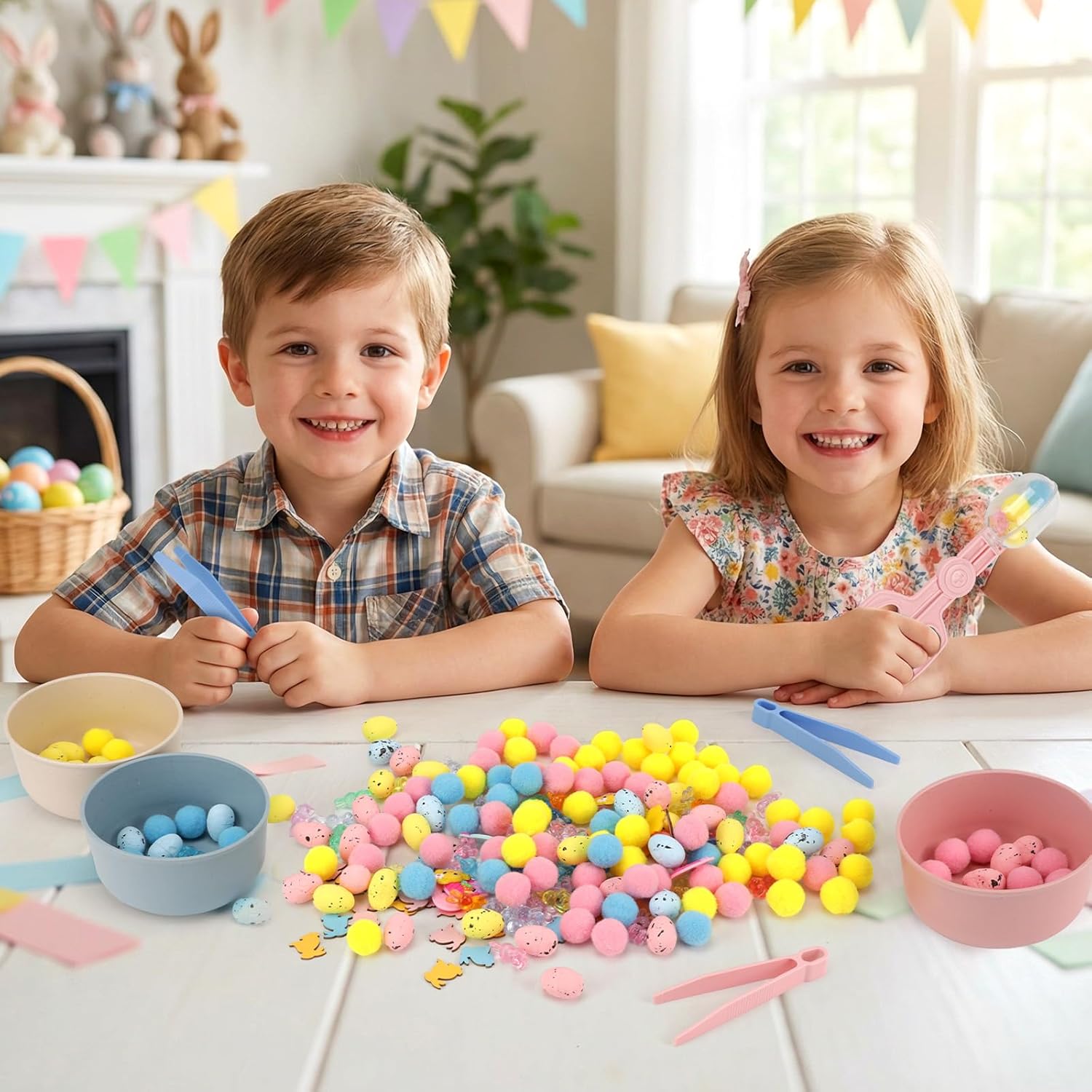 Easter Sensory Bin Filler - 245 Pcs Easter Fine Motor Toys, Colorful Counting Sorting Spring Decor for Kids, Egg Pompoms Cups Tweezers Scissor Clips Rabbit Rubber for Preschool Education Activities