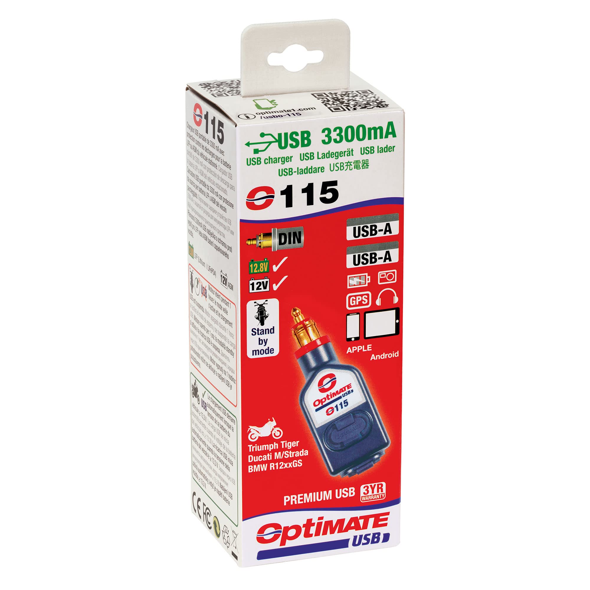 TecMate Optimate USB O-115, Chargeur USB 3 300 mA Double Sortie résistant aux intempéries, avec Prise Moto (pour BMW, Triumph ou Ducati MultiStrada)