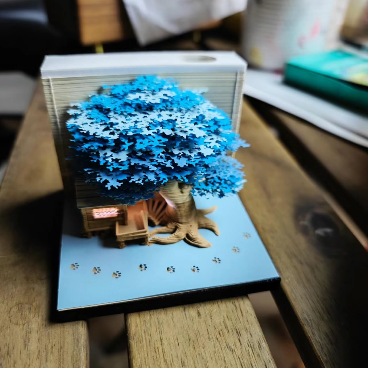 Bloc de notas 3D no pegado, diseño de casa del árbol 3D (azul) con caja de visualización transparente, 9 x 9 x 6 cm, 260 hojas, decoración de mesa