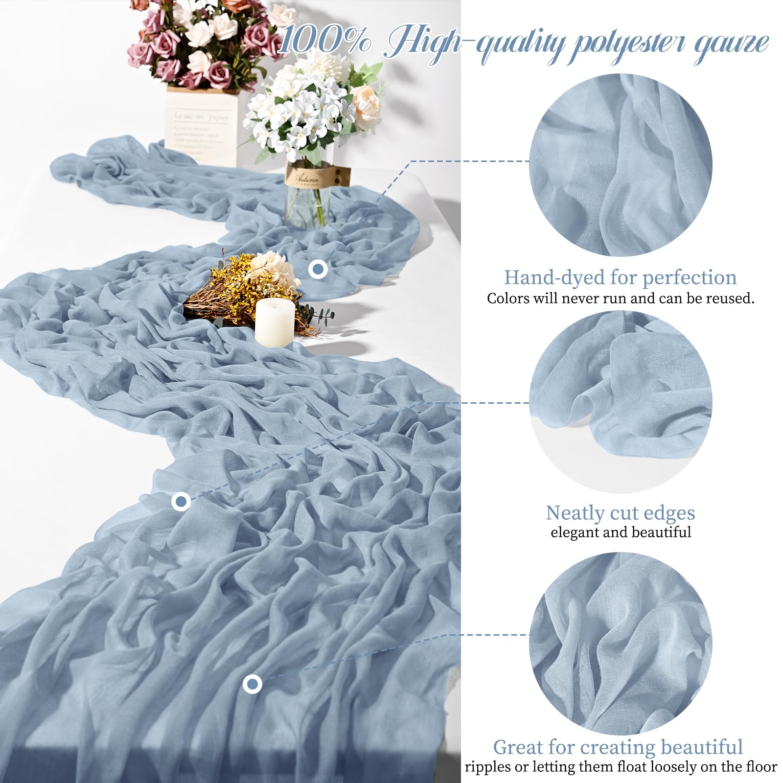 24 caminos de mesa de gasa azul polvoriento, 10 pies, gasa rústica, bohemio, decoración de mesa de boda, camino de mesa transparente para boda, fiesta, despedida de soltera