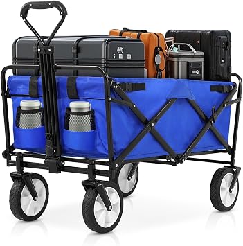 Collapsible Wagon Cart 220lbs Capacity - Heavy Duty All Terrain Collapsible Utility Cart with Wheels & Storage Bag - for Garden, Lawn, Beach, Camping, Tailgating, Picnic, Grocery Shopping, Blue