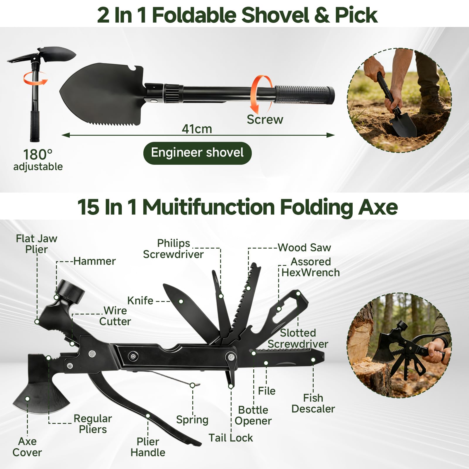 Außen Notfall Survival Kit, 43 in 1 Notfall Survival Ausrüstung mit Erste Hilfe Set, Multi-Tool Axt, Kompass, Notfallrucksack für Männer Camping Bergsteigen Wandern Abenteuer im Freien