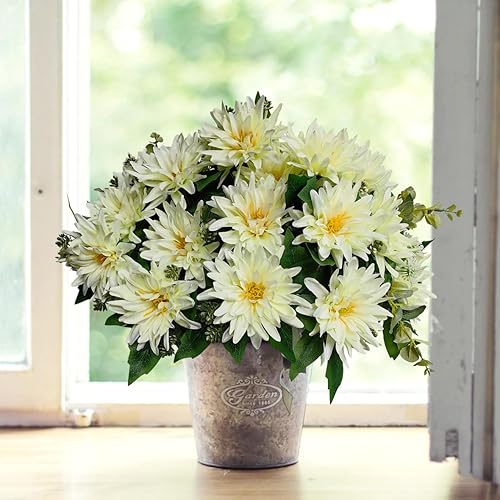 Miniatura 5 de Raxcelivia Paquete de 3 ramos de dalia artificial de 9 cabezas de flores de seda con vegetación para boda, ramo de novia, centros de mesa, arreglos