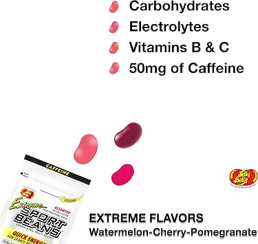 Jelly Belly Sport Beans- Extreme Assorted - Energy Chews with Caffeine [24 Pack] Box (Cherry, Watermelon & Pomegranate) Click for More Sizes 1 Ounce